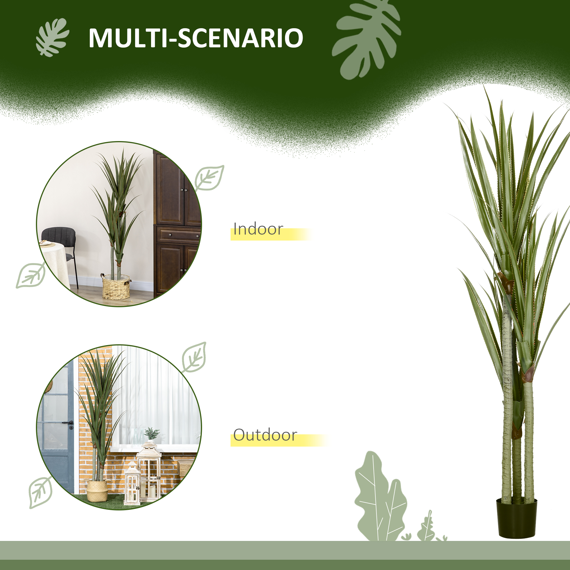 Künstliche Yucca groß 190cm Kunstpflanze, Plastik Künstliche Pflanze im Topf, 17 x 17 x 190 cm Smaragdgrün