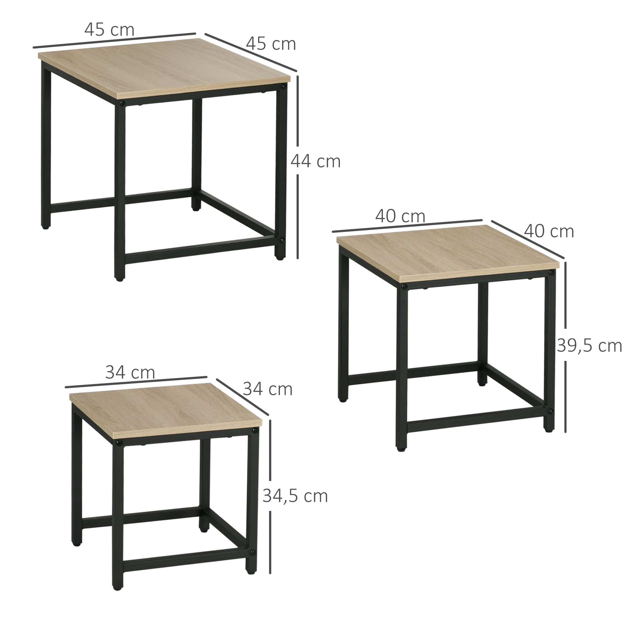 Satztisch-Set aus 3 Beistelltischen, Industrial Design, schwarzer Stahlrahmen, Tischplatte in Holzoptik