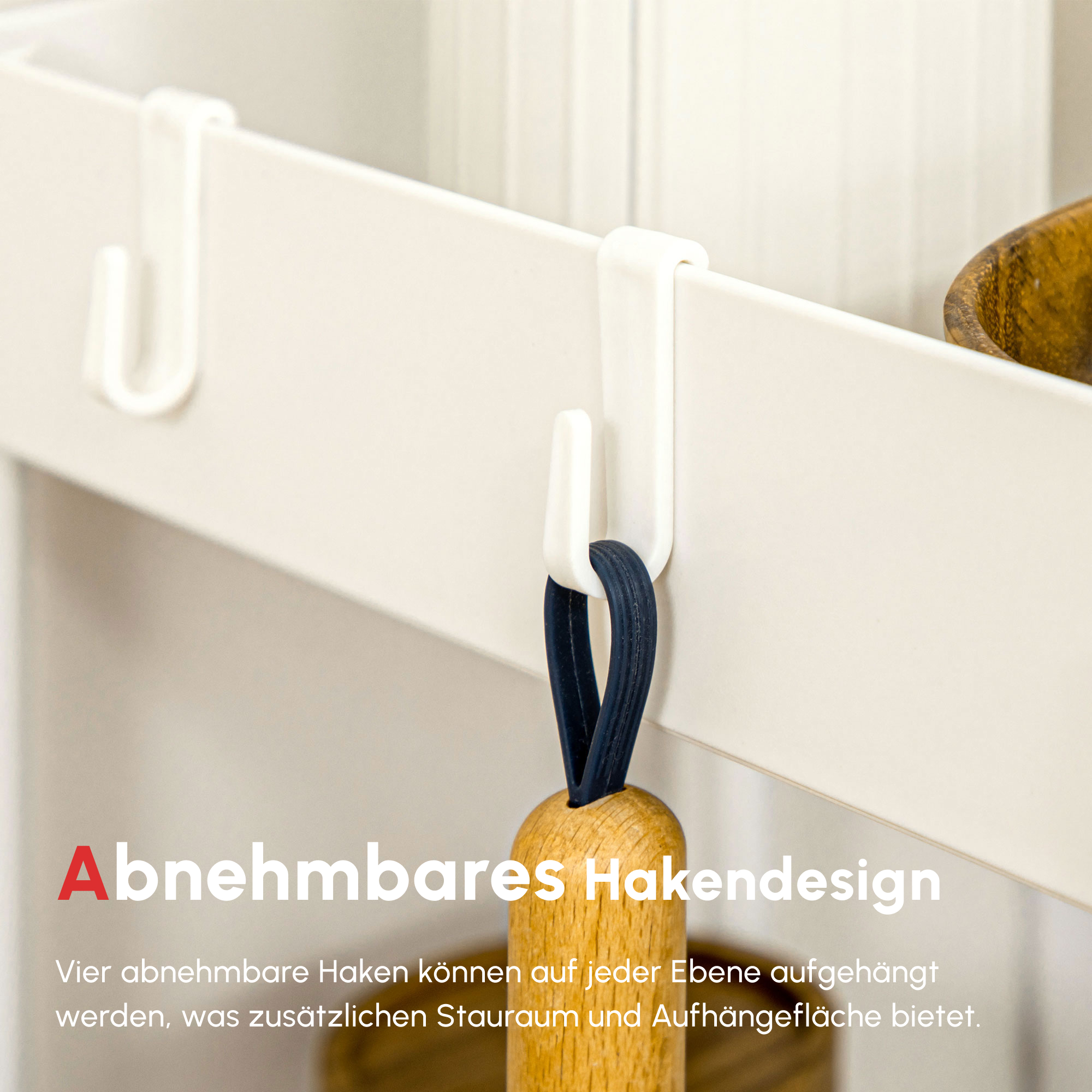 Küchenwagen mit 4 Regalen, 4 flexiblen Haken, 4 Rollen, 40 cm x 19 cm x 90 cm, Nischenwagen, Weiß