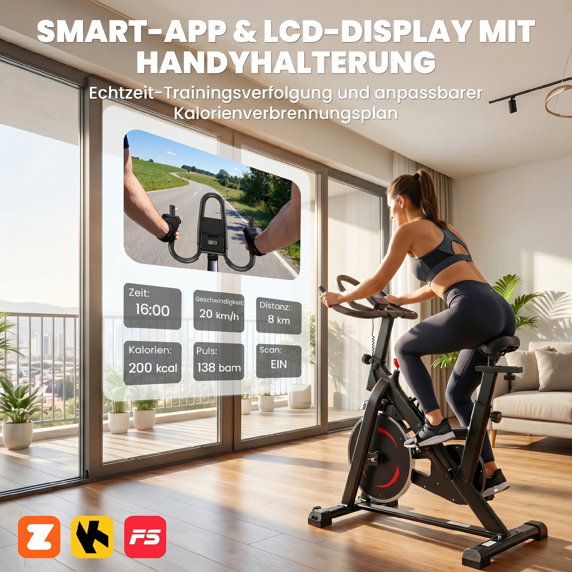 Heimtrainer Fahrrad Höhenverstellbar Hometrainer mit APP Magnetwiderstand LCD-Monitor verstellbar Lenker Handyhalter