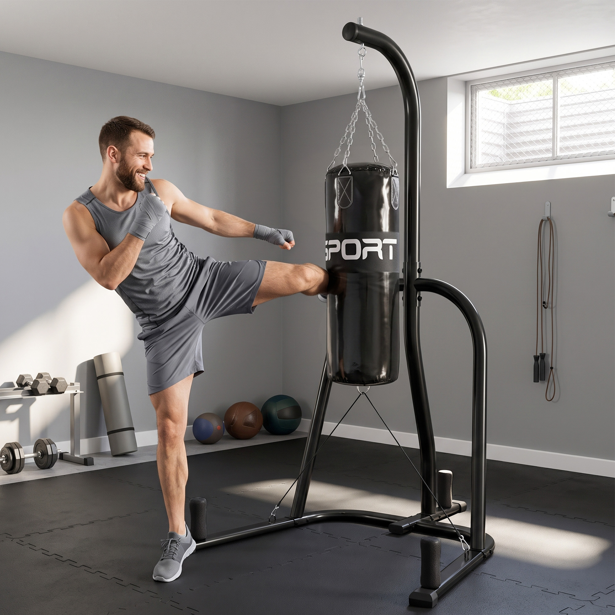 Boxsackständer Freistehender Boxsackhalter mit Boxsack Bungee-Seil 360° Kette U-basis Hantelscheibenhalterung Stahl