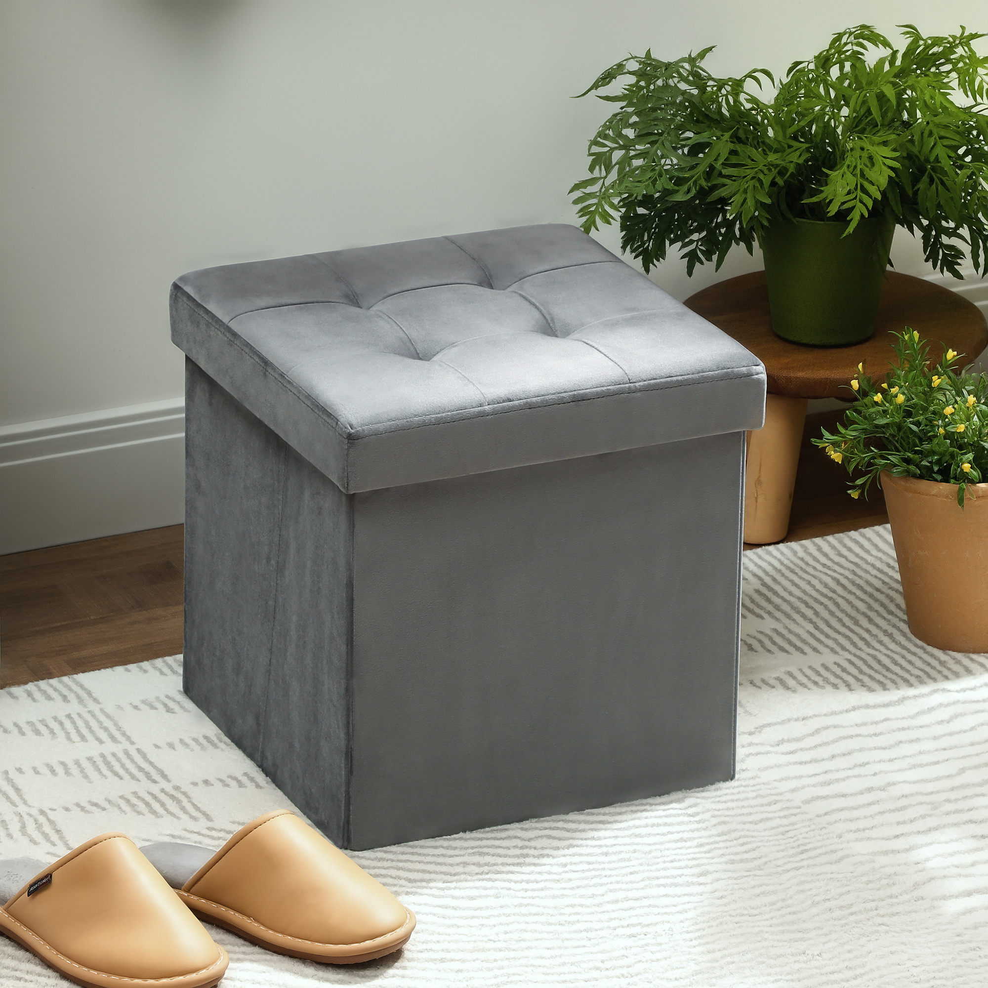Klappbarer Sitzhocker mit Stauraum, Aufbewahrungsbox, Schaumstoff, MDF, Grau