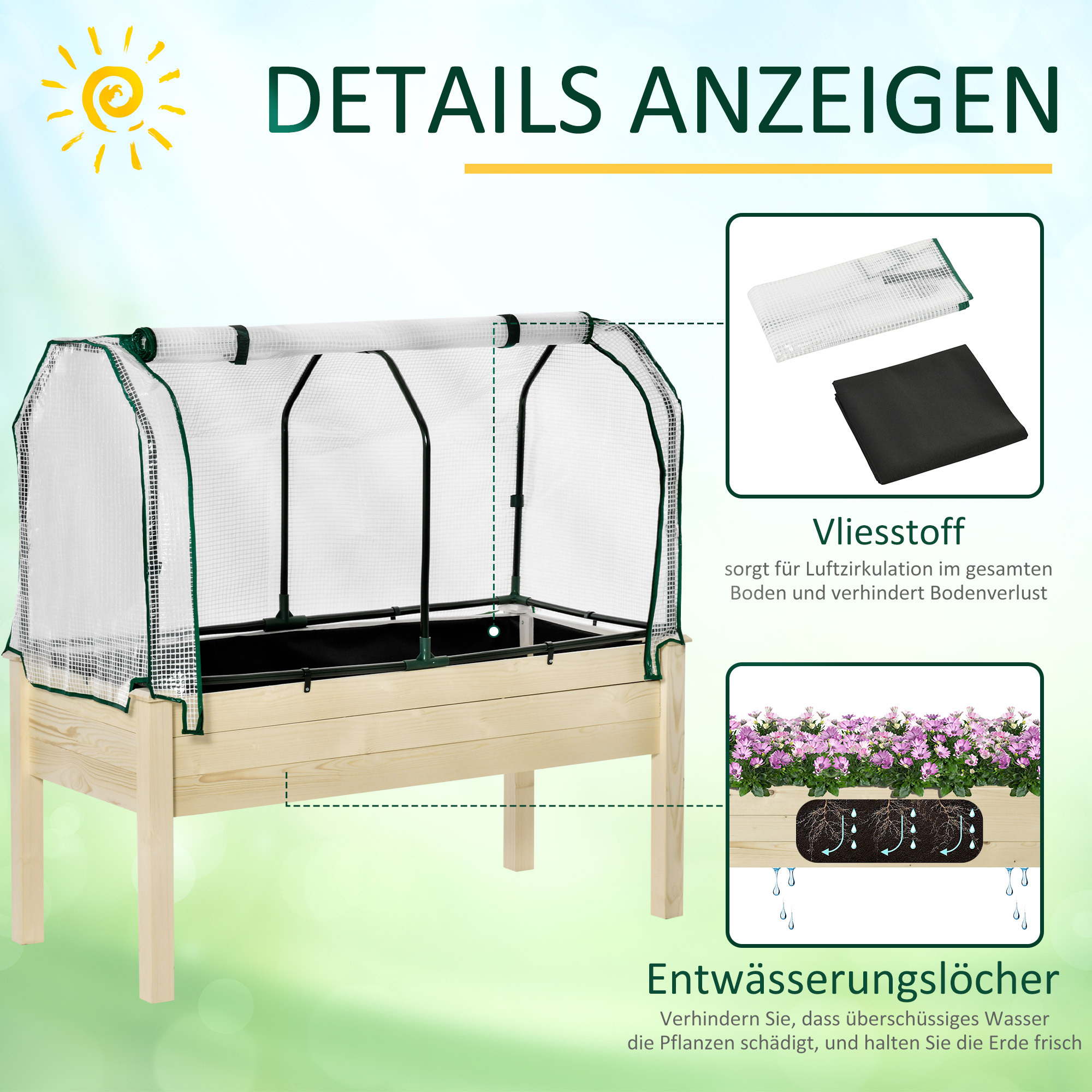 Hochbeet, aufrollbare Folienabdeckung, Naturholzrahmen, Stoffauskleidung, Drainageöffnungen, 121 x 55 x 117cm
