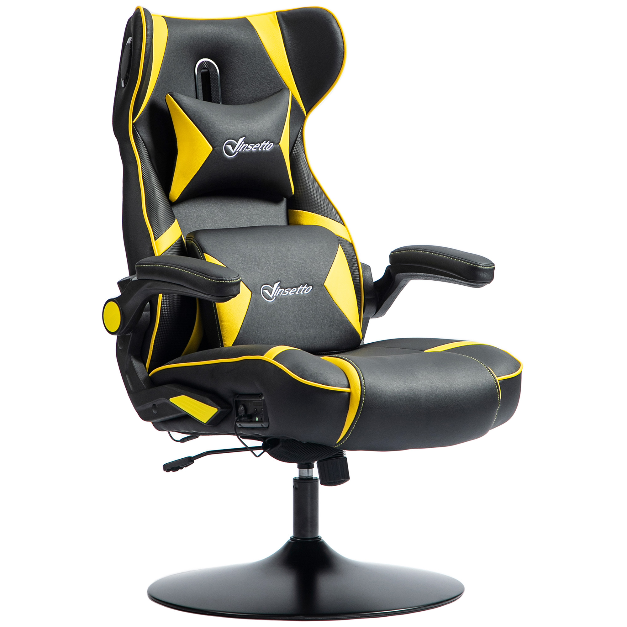 Gaming Stuhl mit Schaukelfunktion und Lautsprecher, Lenden- und Nackenstütze, für Spielzimmer, Kunstleder, Gelb+Schwarz Gaming Stuhl mit Schaukelfunktion und Lautsprecher, Lenden- und Nackenstütze, für Spielzimmer, Kunstleder, Gelb+Schwarz