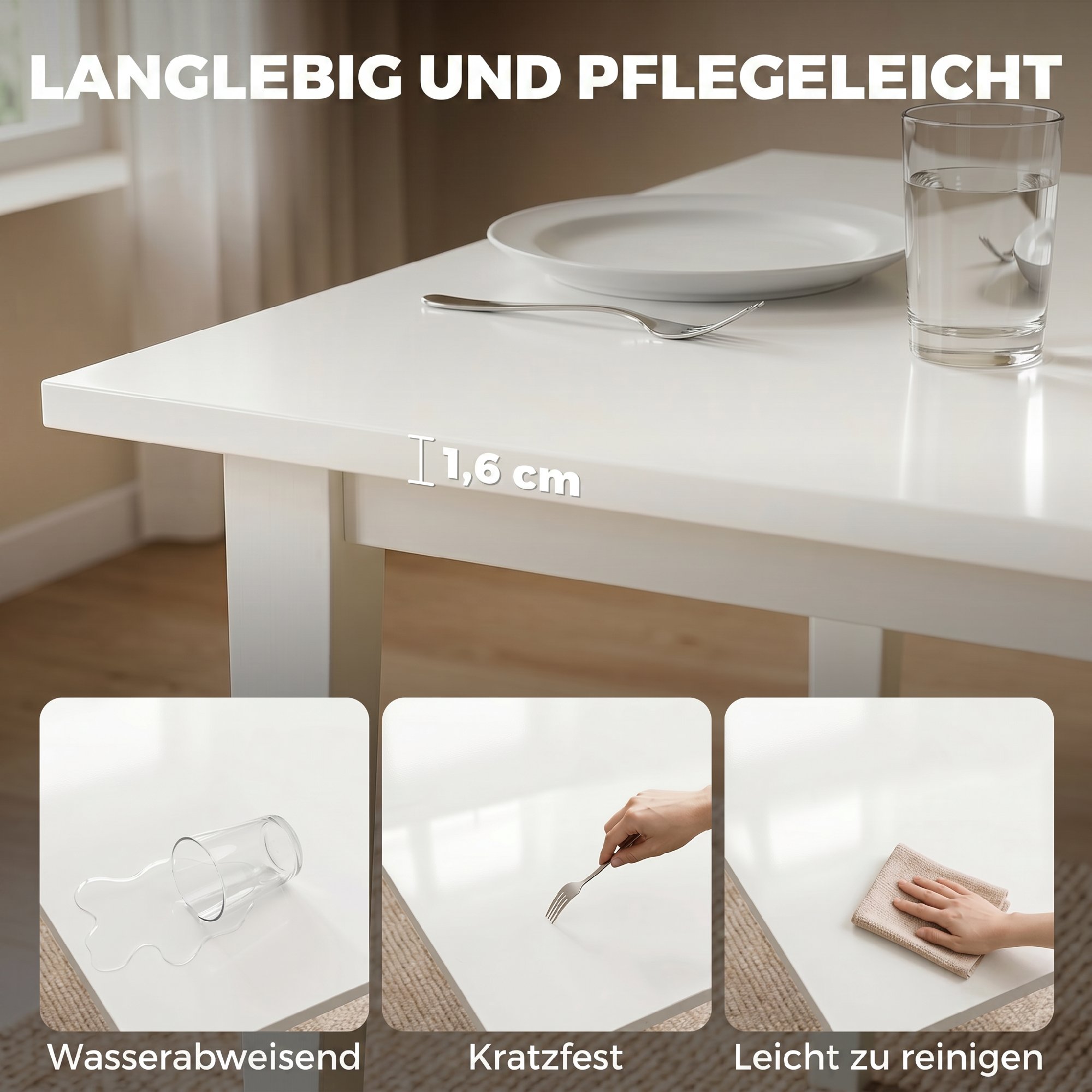 Esstisch für 8 Personen, Moderner Küchentisch mit Massivholzbeinen, 180 cm, Creme