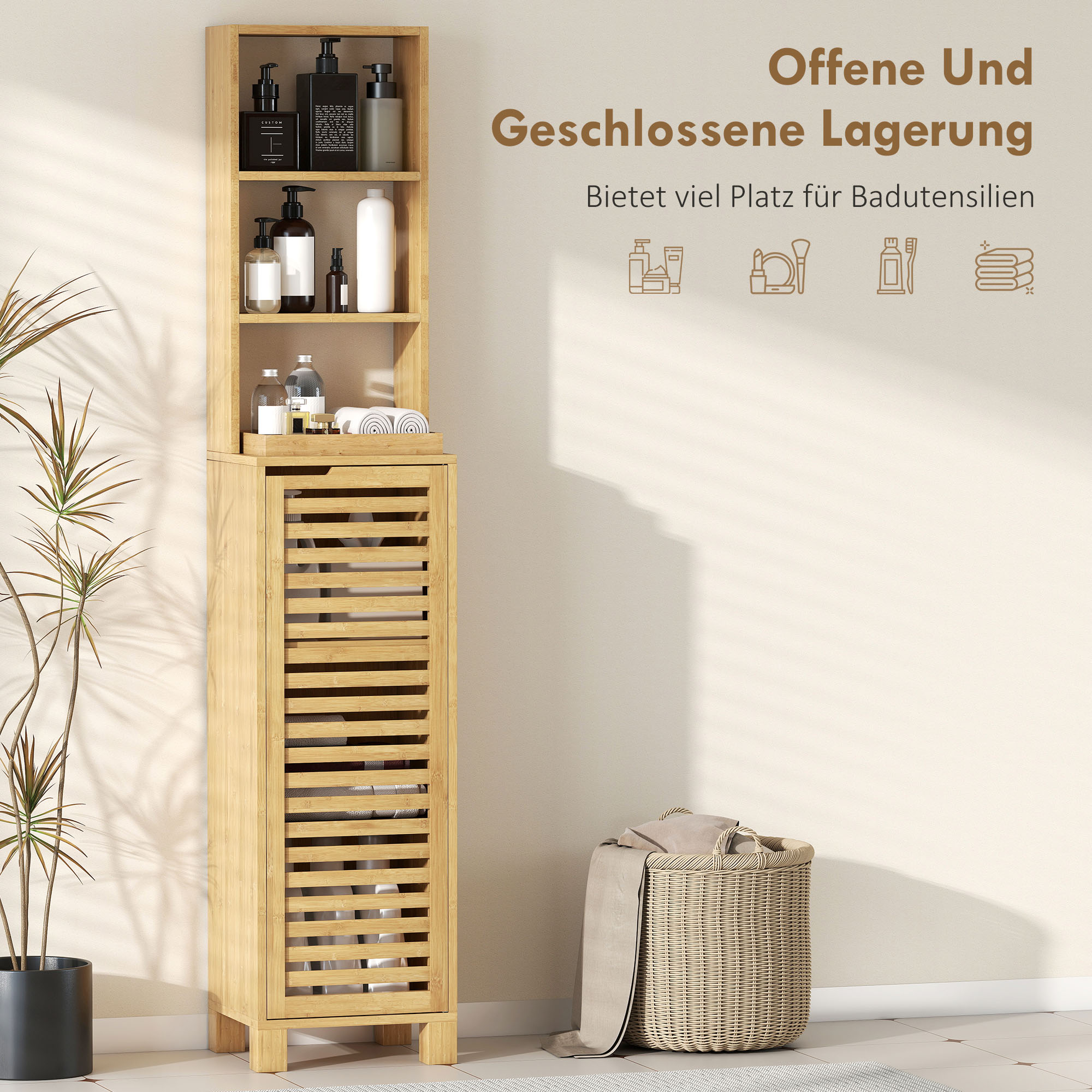 Badezimmerschrank schmal, Hochschrank mit 3 offenen Regalen, verstellbaren Regalen, Lamellentür, 34 x 30 x 170 cm Natur