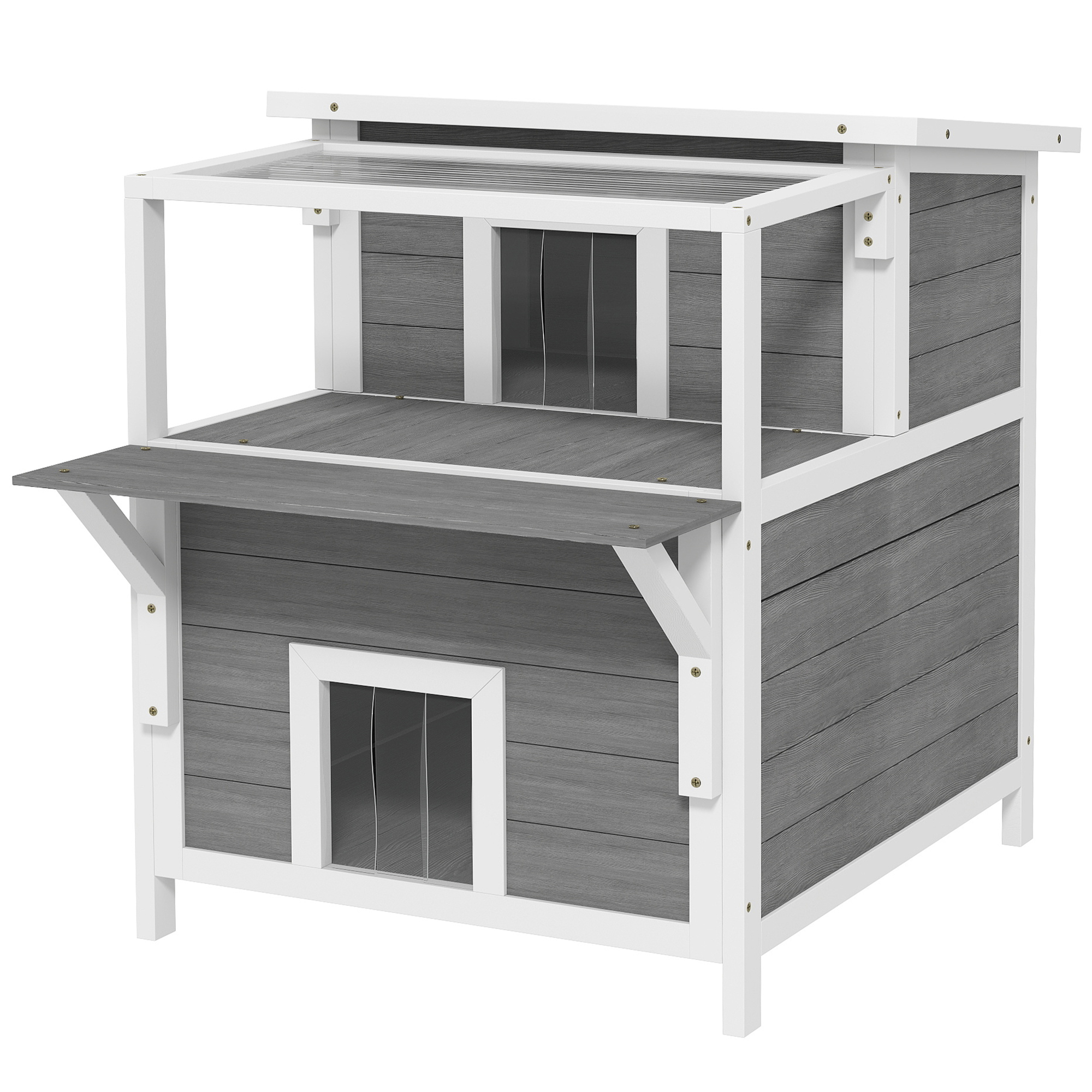 2-stöckiges Katzenhaus mit Balkon, Wetterfeste Katzenhütte, Regen- und Sonnenschutz, für drinnen und draußen, Hellgrau 2-stöckiges Katzenhaus mit Balkon, Wetterfeste Katzenhütte, Regen- und Sonnenschutz, für drinnen und draußen, Hellgrau