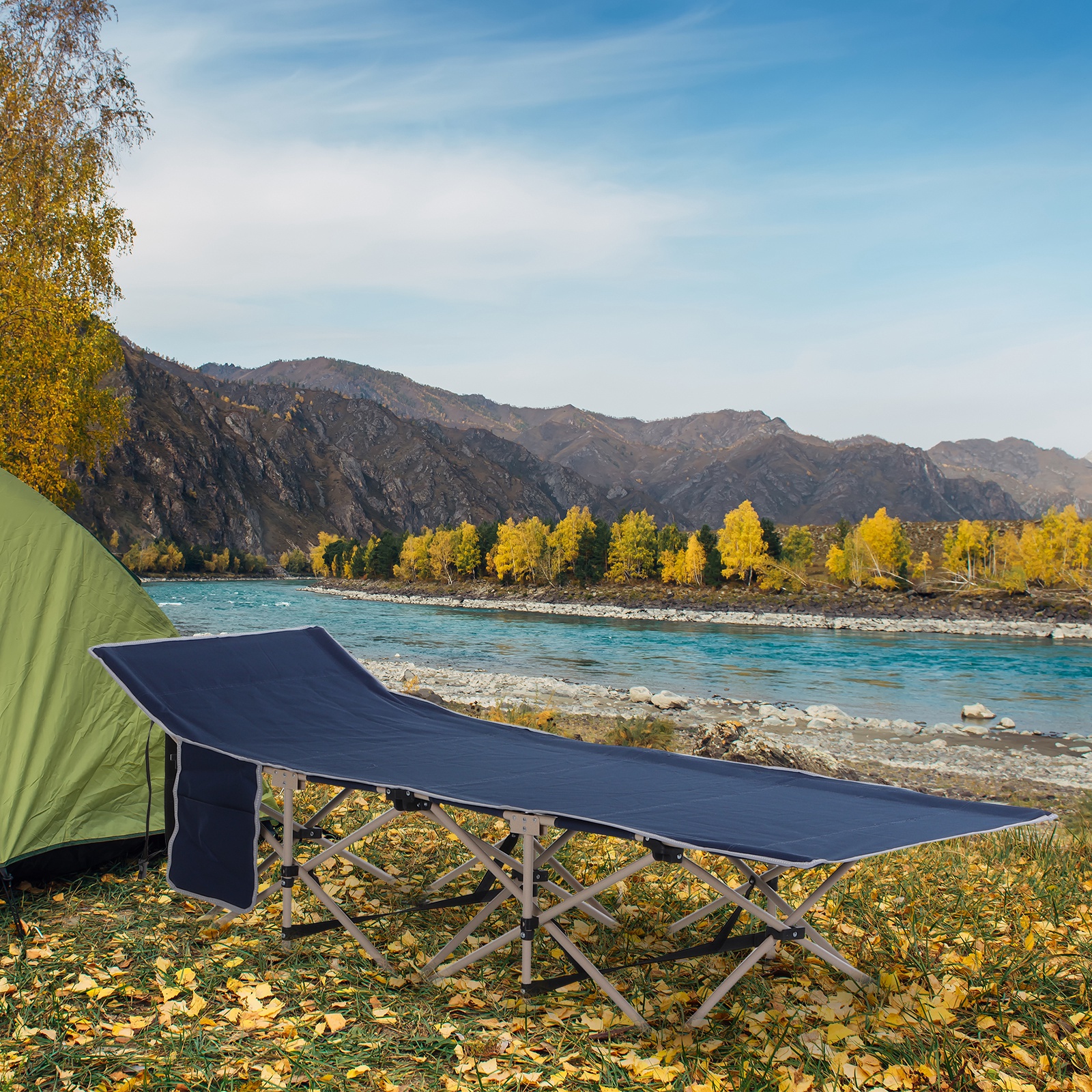 Feldbett, Camping-Bett, klappbar, wetterbeständig, ink. Tragetasche, 190 cm x 68 cm x 52 cm, Blau