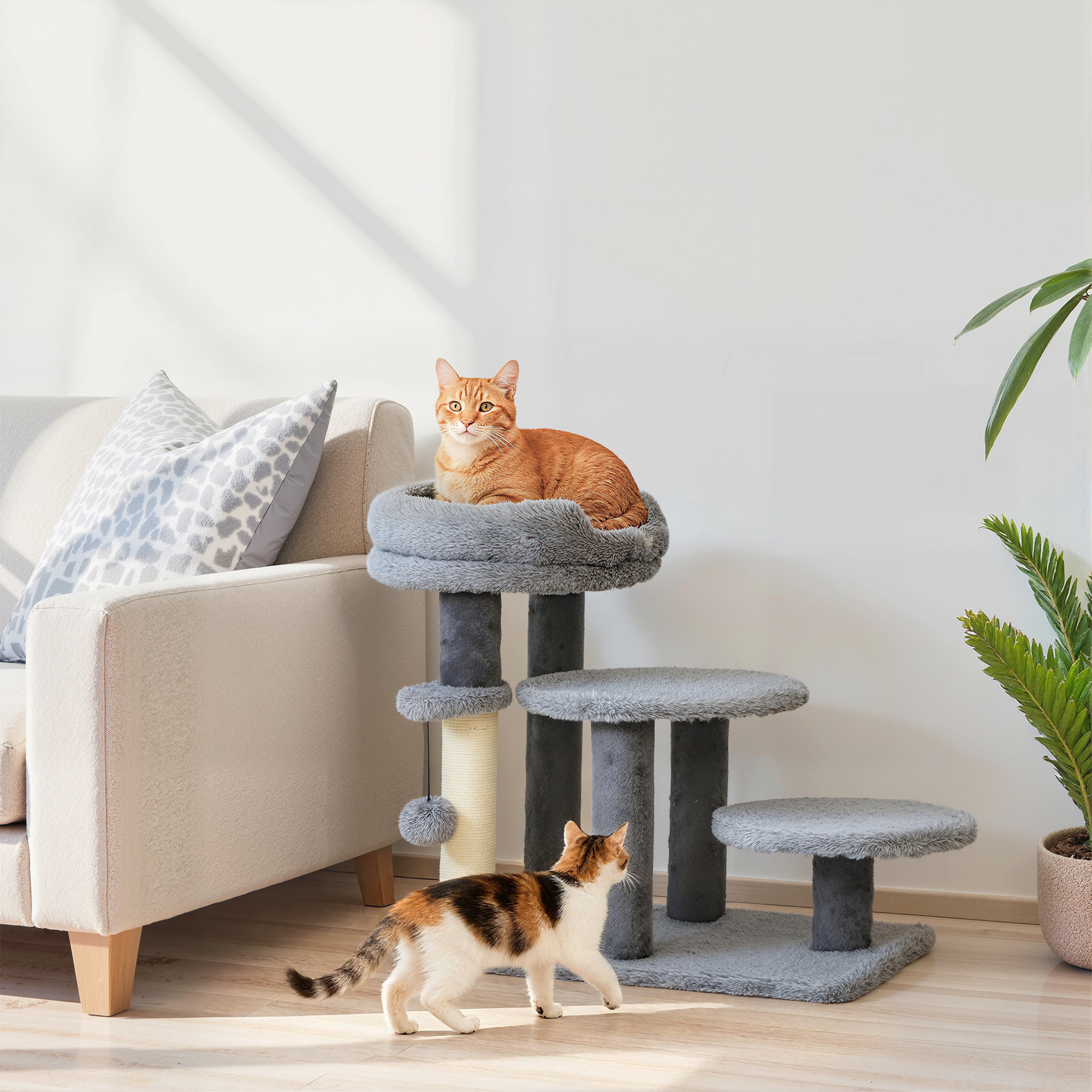Kratzbaum und Katzentreppe, breite Basis, Plüschstoff, Sisalkratzsäule, Grau