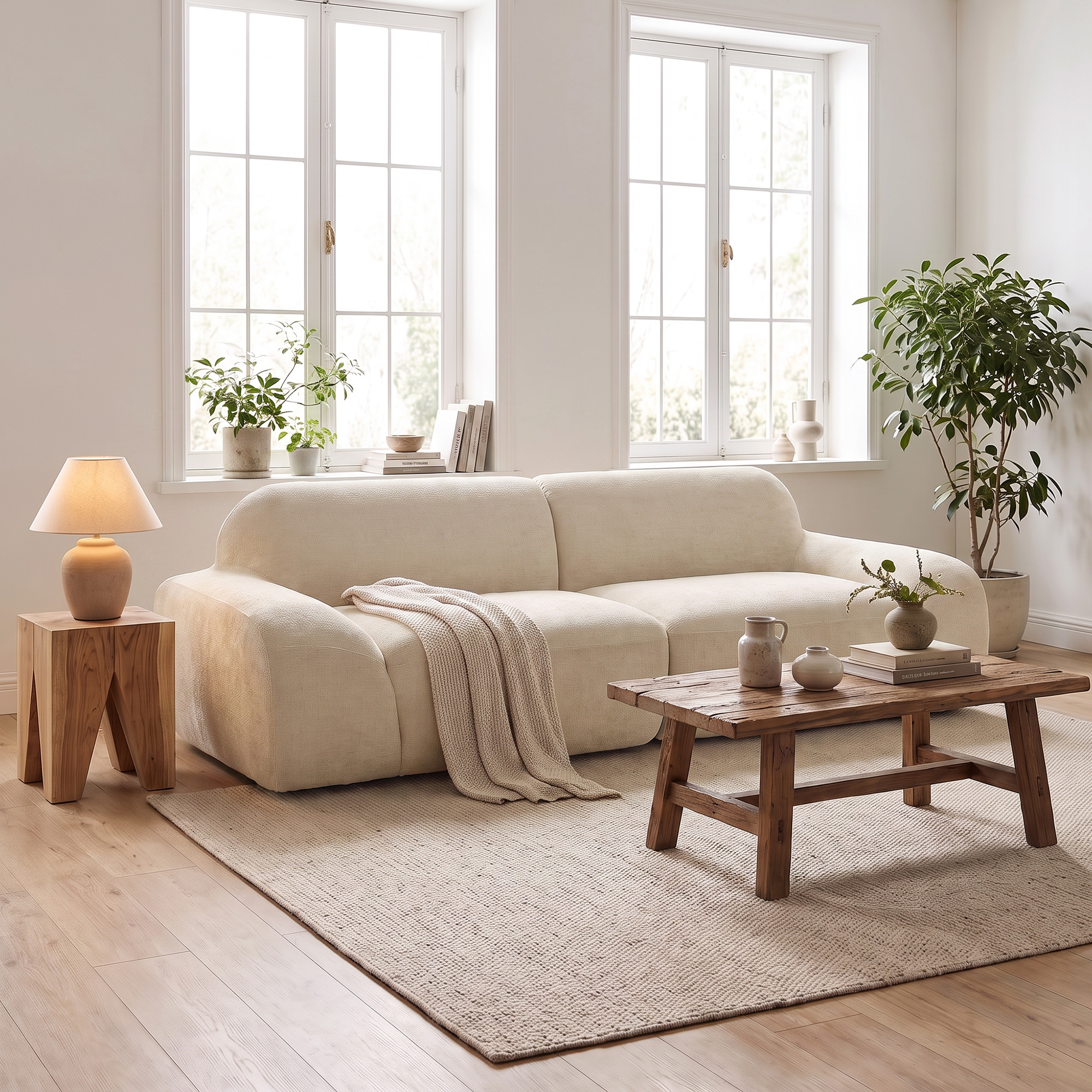 3-Sitzer-Sofa, abgerundet und rahmenlos, mit großzügiger Sitzfläche, dick gepolstert, keine Montage, cremeweiß