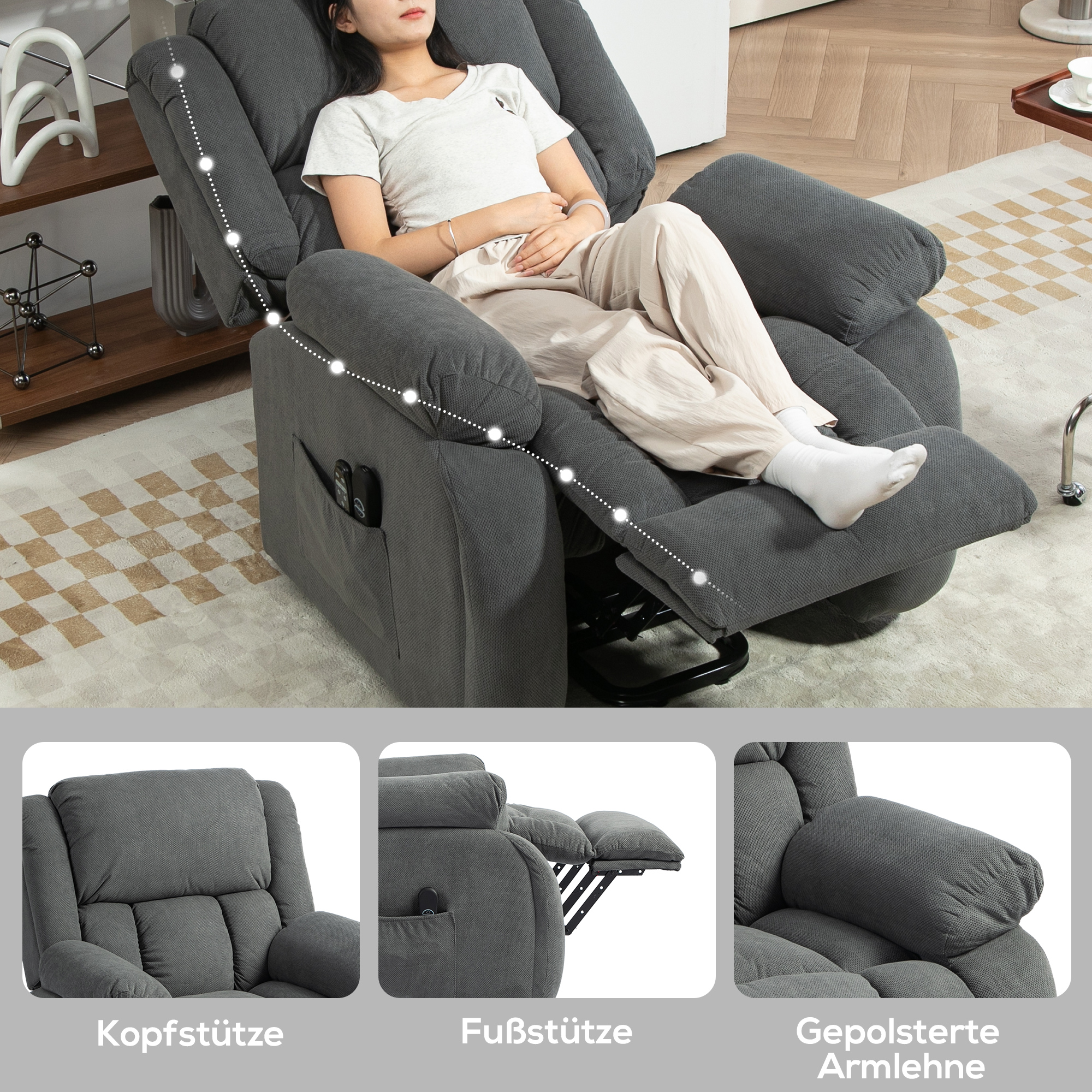 Fernsehsessel mit Massage- und Wärmefunktion, Elektrischer Aufsteh-Sessel, Fernbedienung, Seitentaschen, Grau