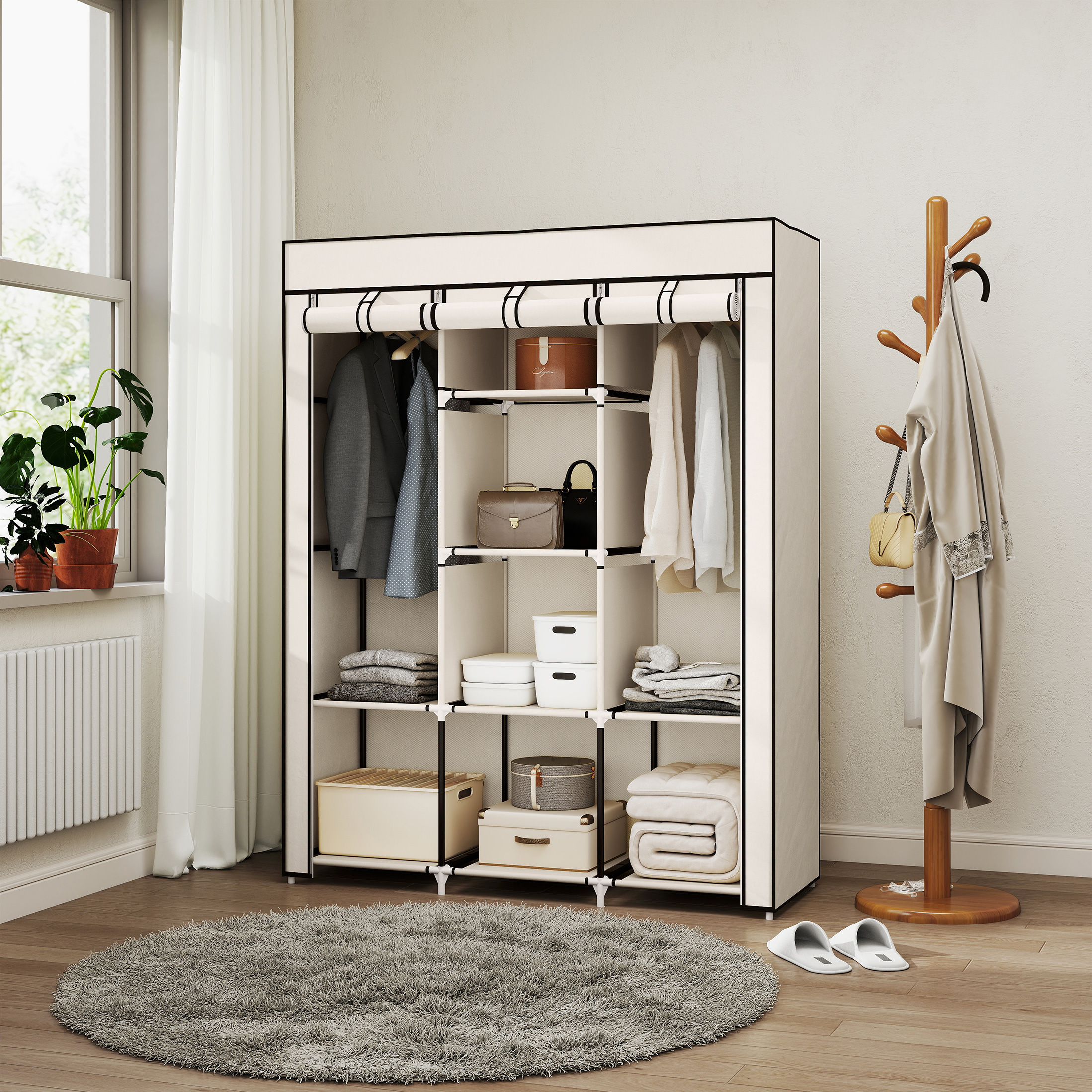 Schrank aus Stoff, Aufbewahrungslösung, 8 Regale, 2 Kleiderstangen, Cremeweiß