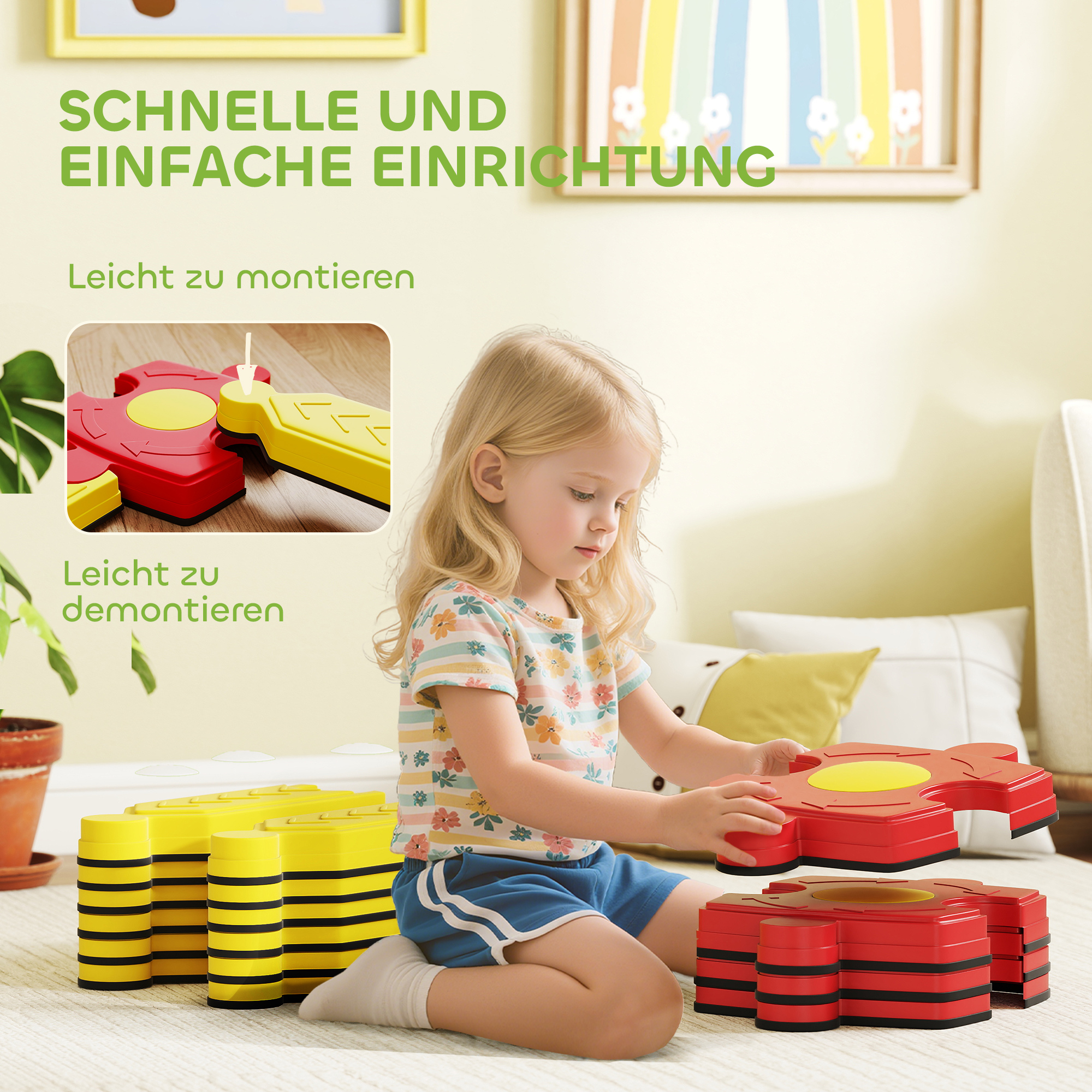 Kinder Schwebebalken-Set, frei gestaltbar, Kunststoff, flexible Teile, Gelb+Rot