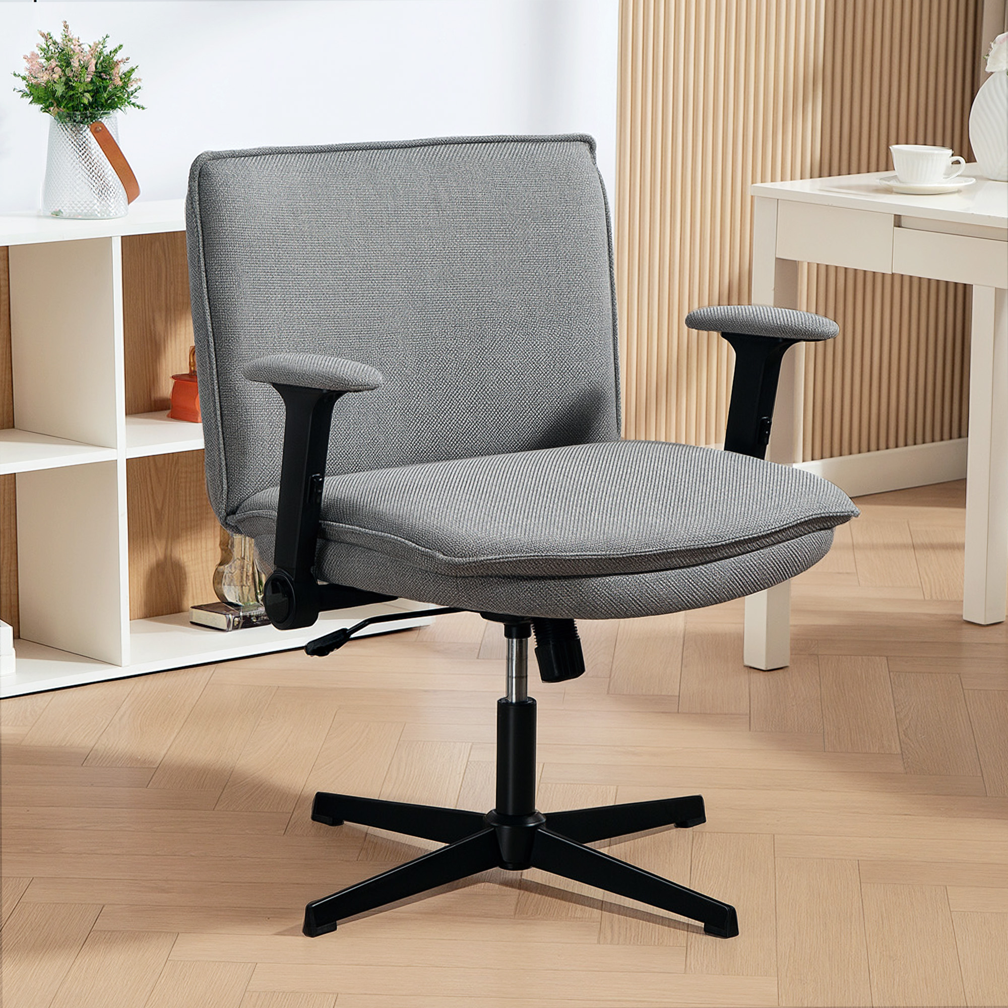 Bürostuhl mit hochklappbaren Armlehnen, breiter Schreibtischstuhl in Leinenoptik, höhenverstellbar, Stahlbasis, Grau