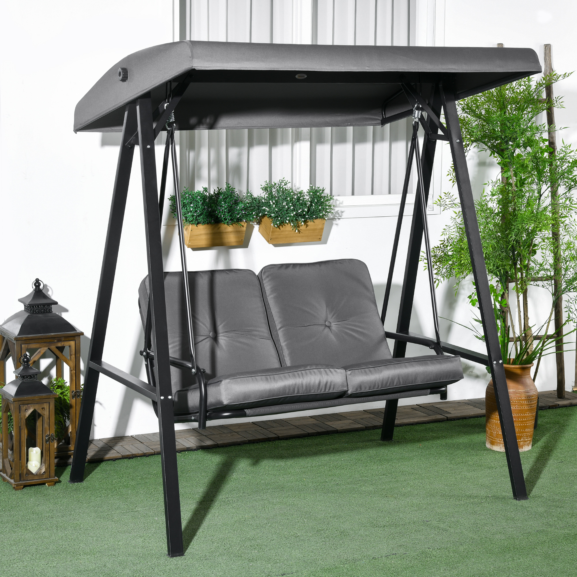 Hollywoodschaukel, 2-Sitzer Gartenschaukel mit verstellbarem Dach, bis 220 kg belastbar, 145 x 116 x 172 cm, Dunkelgrau