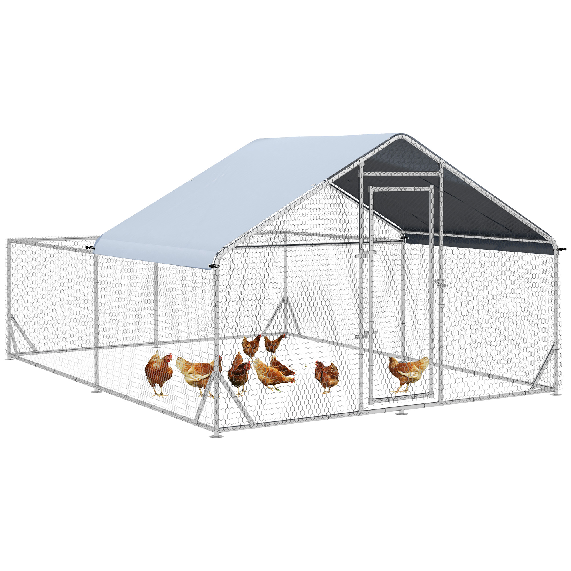 Zwerghühnerstall, wetterbeständig, begehbarer Stall, Stahlgitter, 400 cm x 300 cm x 195 cm, Silber Zwerghühnerstall, wetterbeständig, begehbarer Stall, Stahlgitter, 400 cm x 300 cm x 195 cm, Silber