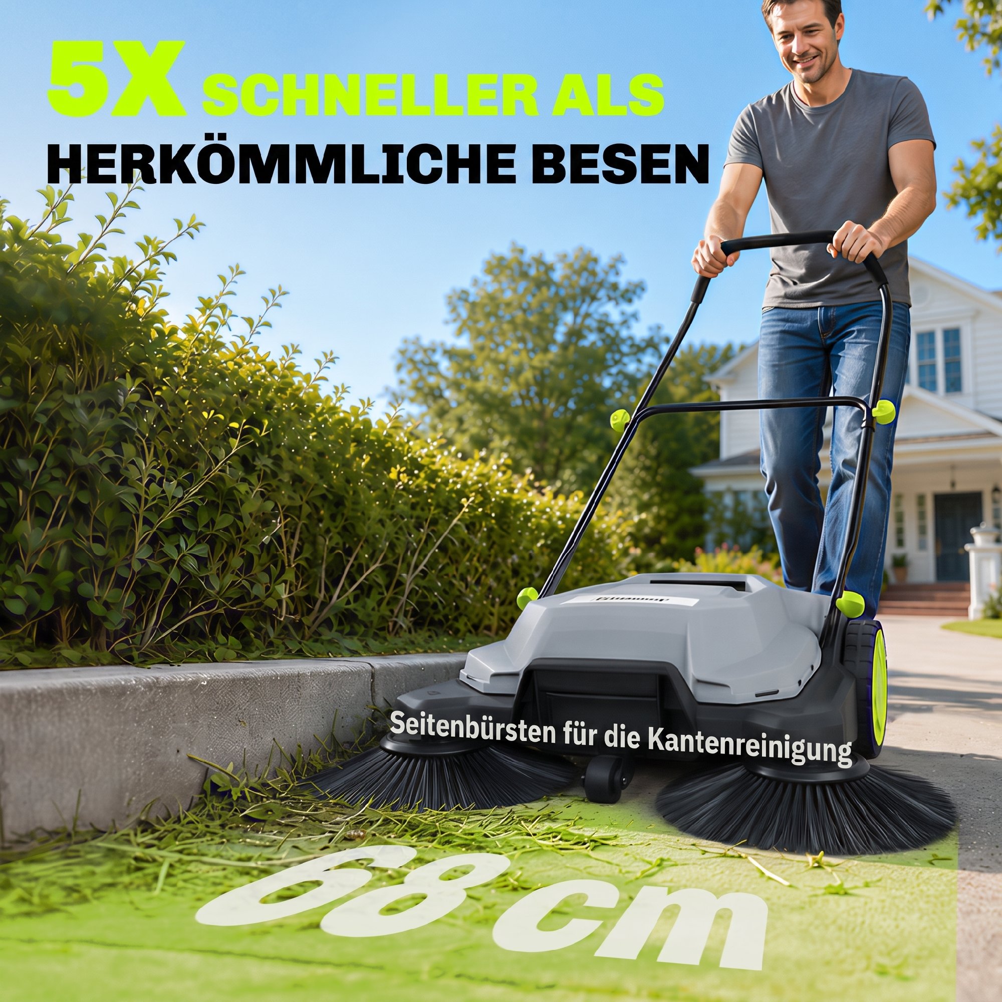 Kehrmaschine manuell mit 68 cm Kehrbreite, 24 L Schmutzbehälter, Höhenverstellbar klappbar Griff 3-Bürsten-Kehrsystem