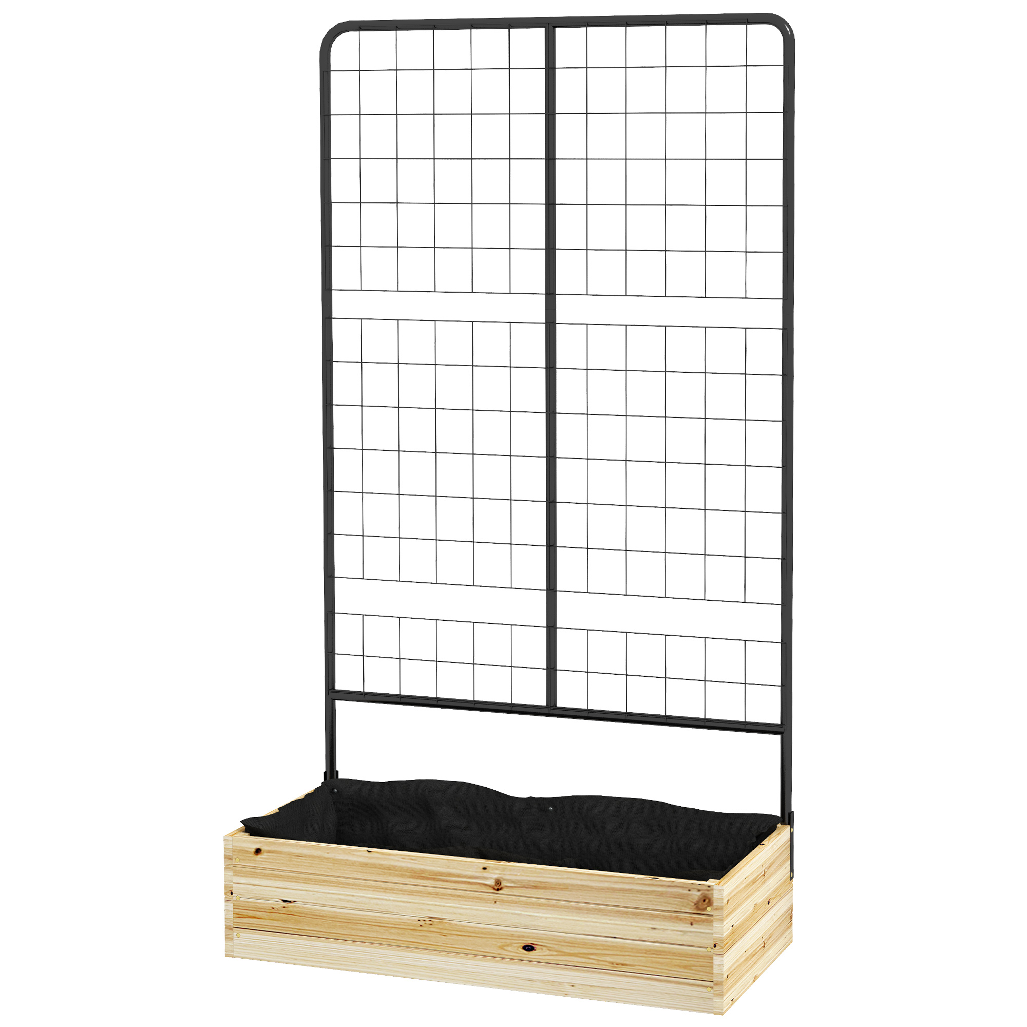 Hochbeet mit Rankgitter, Innenfutter aus Vlies, Naturholz, Stahl, 80x38x145 cm, Schwarz