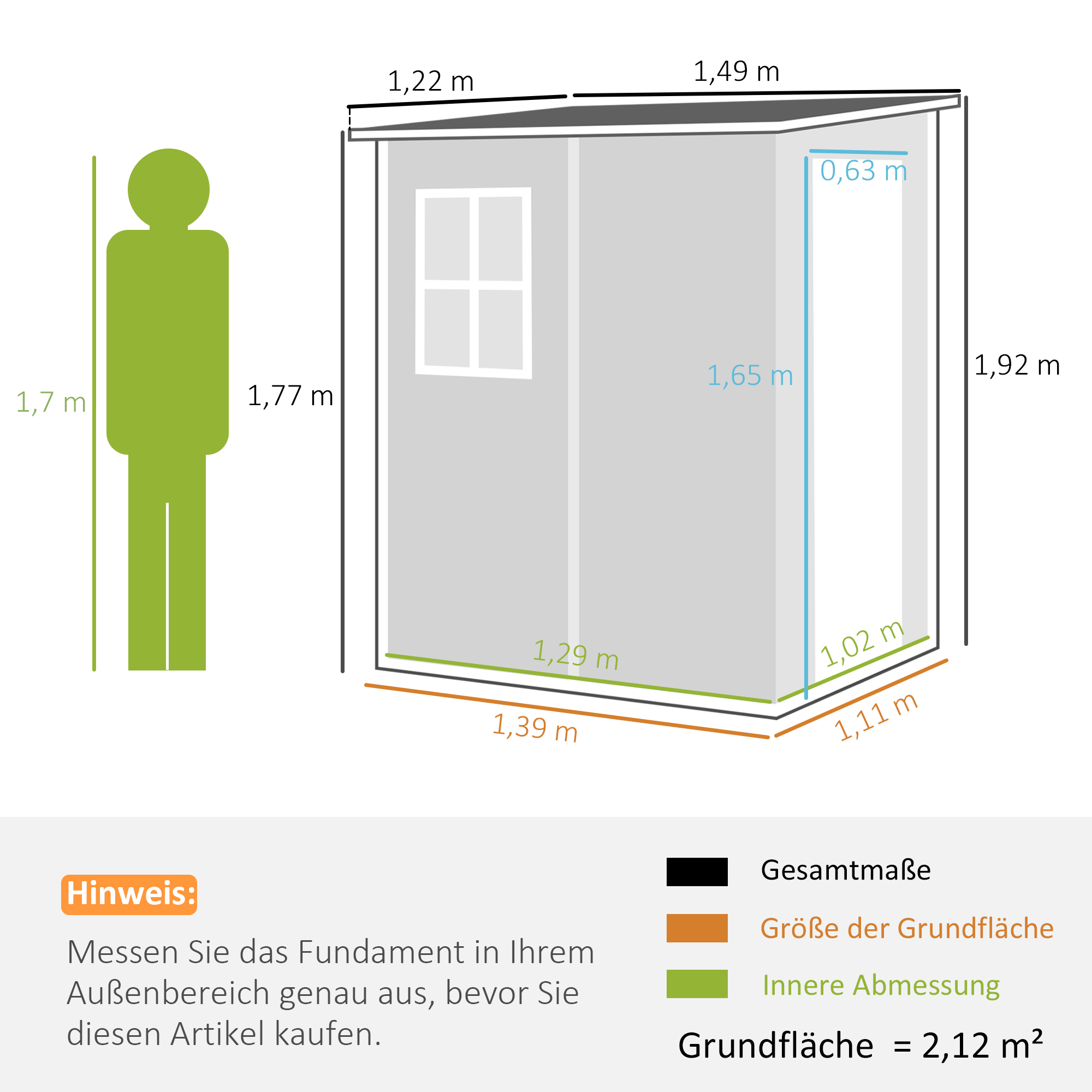 Geräteschuppen, Tür mit Schloss, Fenster für Tageslicht & Belüftung, Aluminium, 122 x 149 x 192/177 cm Grau