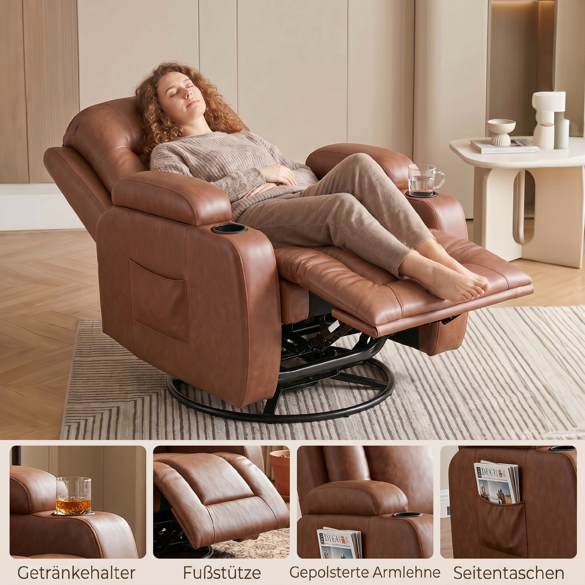 Massagesessel mit Wärmefunktion, drehbarer Schaukelsessel mit Fußstütze, Hellbraun