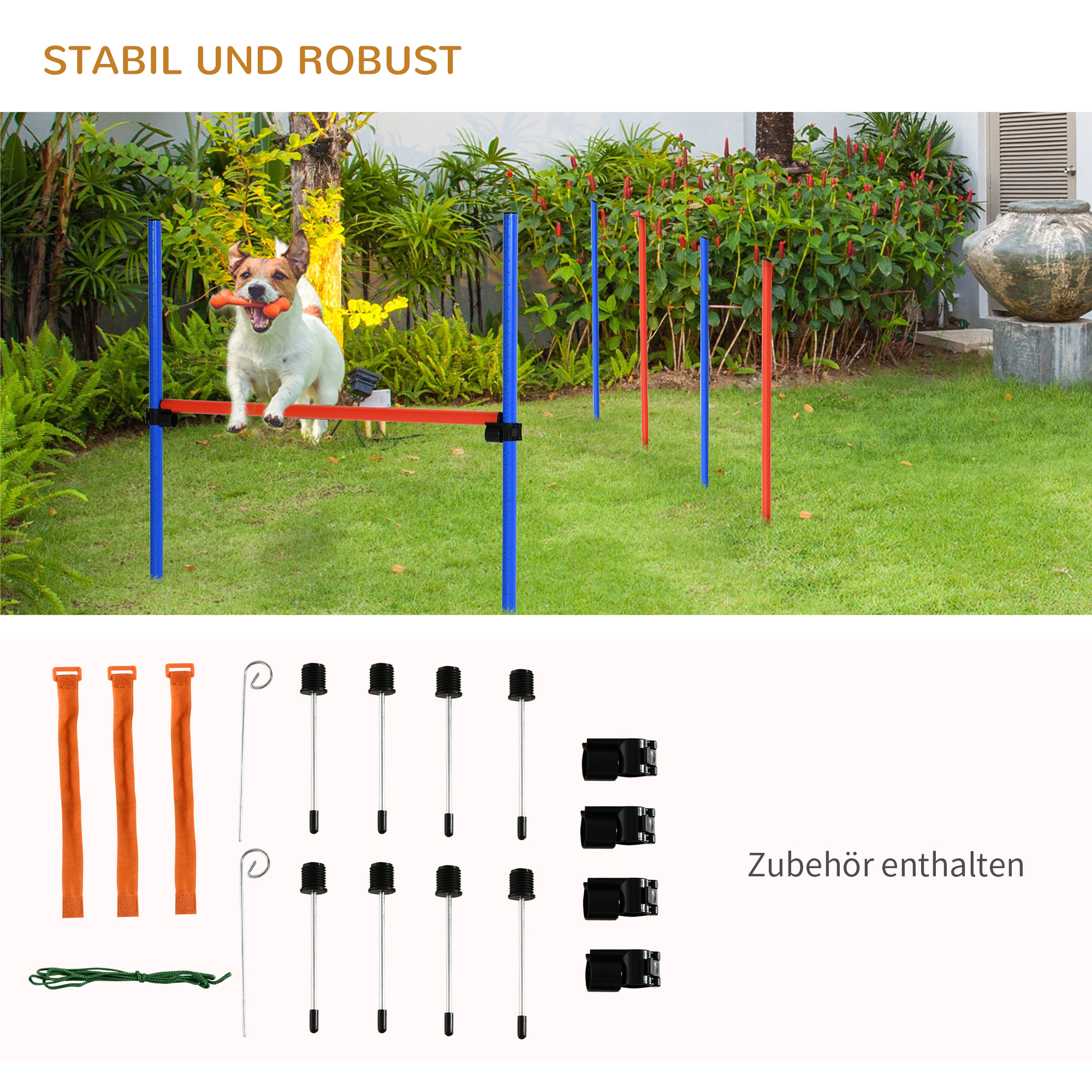 Agility Set Hunde, 3-teiliges Agility Ausrüstung mit Hürden, Slalomstangen, Springring, Aufbewahrungstasche, Steckhürdenset für Hundetraining, Trainingsset für Hunde Blau+Rot
