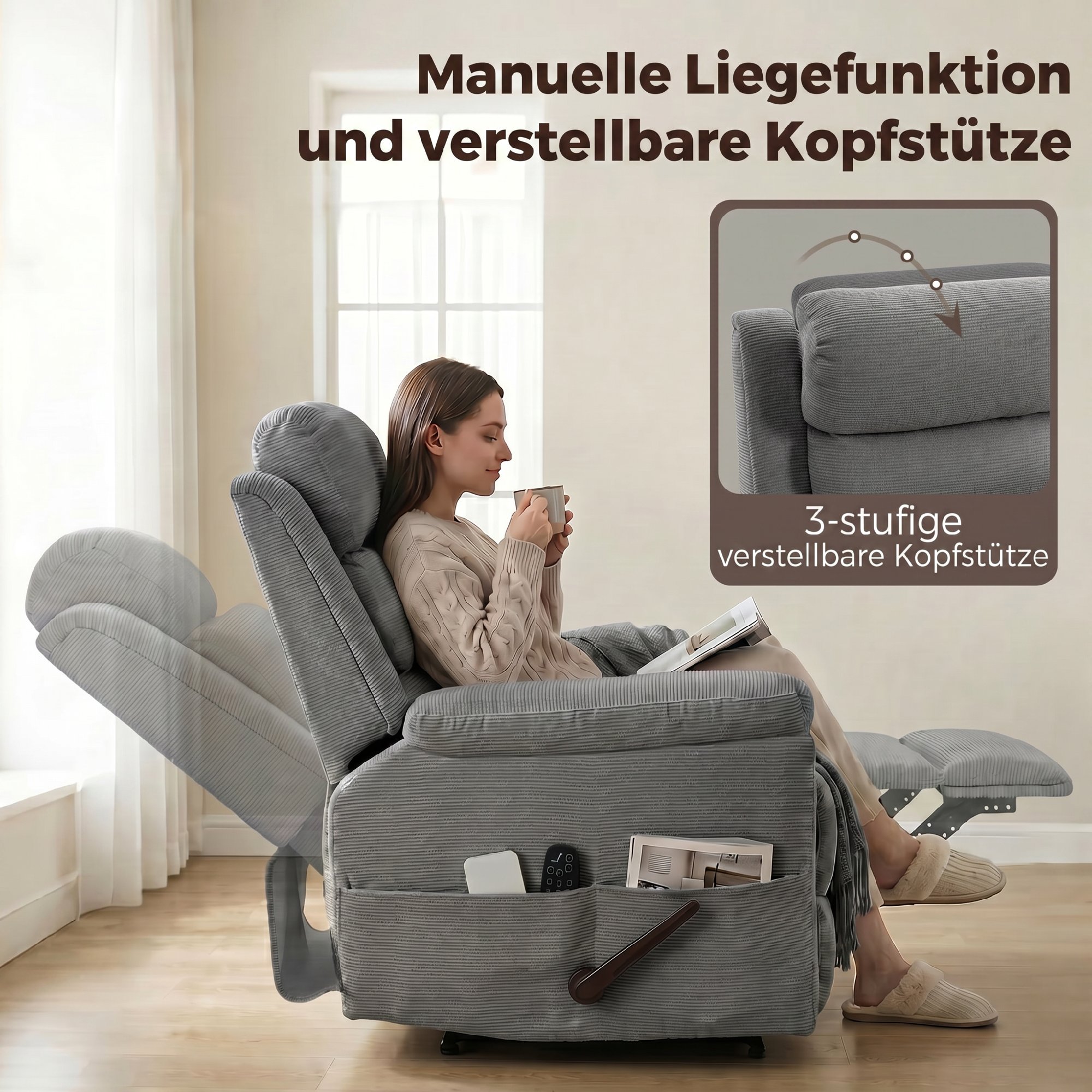 Massage-Relaxsessel mit Wärme, verstellbarer Kopfstütze und Wall-Hugger-Funktion, grau