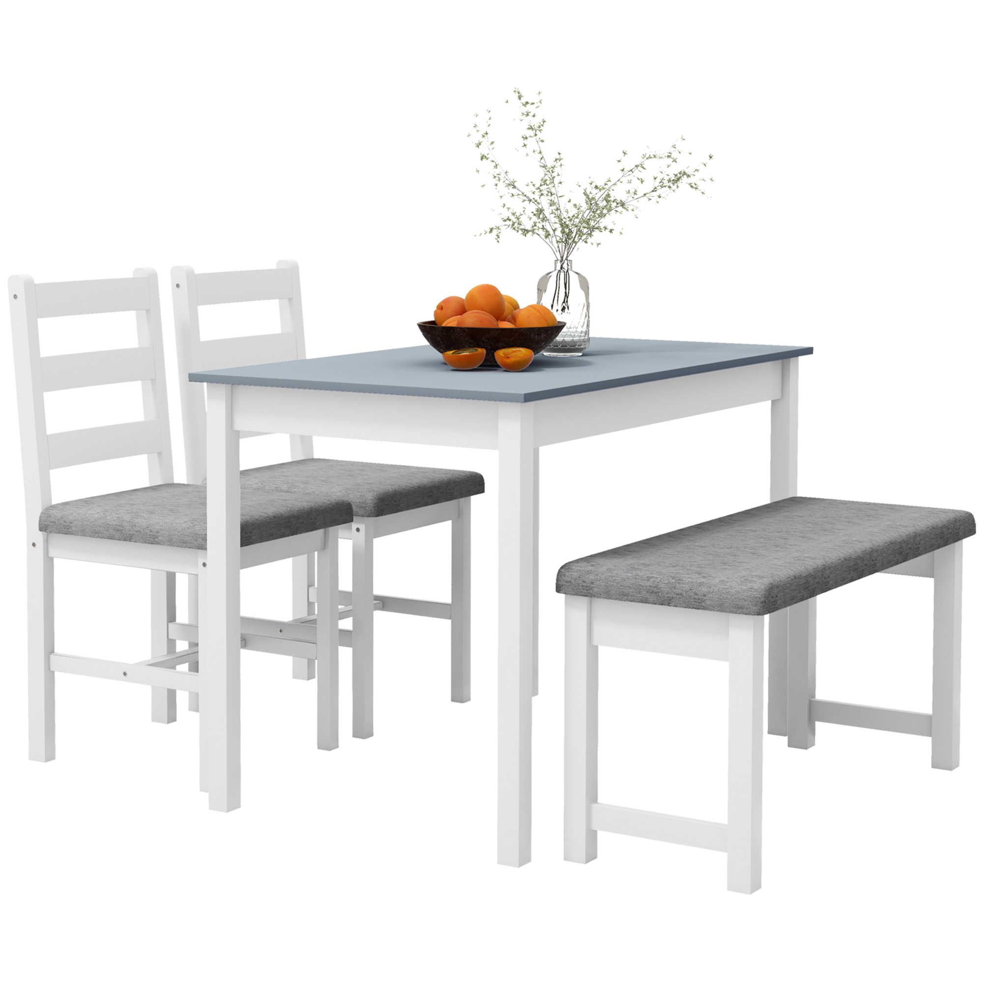 Sitzgruppe, 4-teiliges Esstisch-Set, 1 Tisch, 1 Bank, 2 Stühle, Grau + Weiß Sitzgruppe, 4-teiliges Esstisch-Set, 1 Tisch, 1 Bank, 2 Stühle, Grau + Weiß
