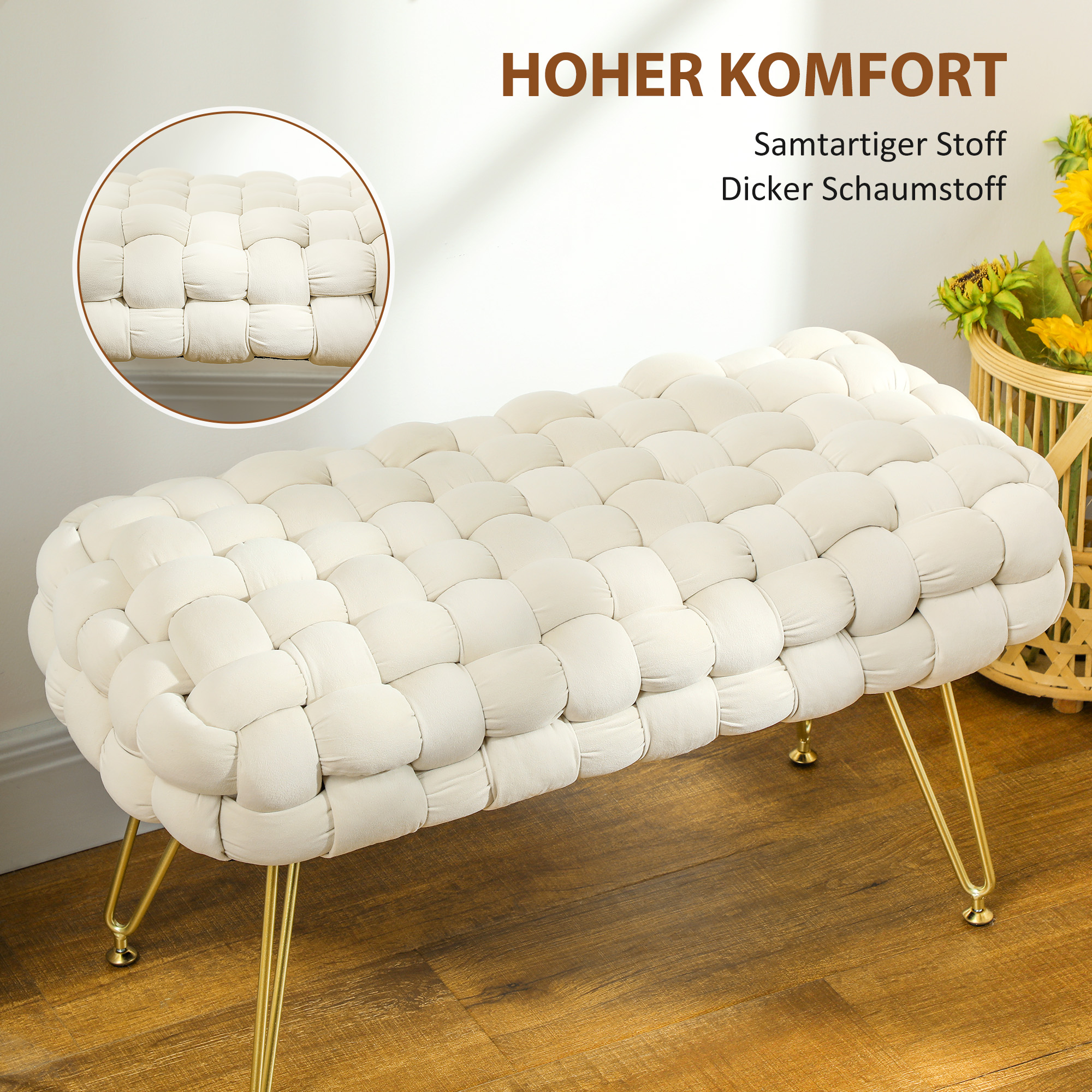 Moderner Sitzhocker mit Metallbeinen, gepolstertem Sitz, für Wohnzimmer, Schlafzimmer, Flur, Cremeweiß