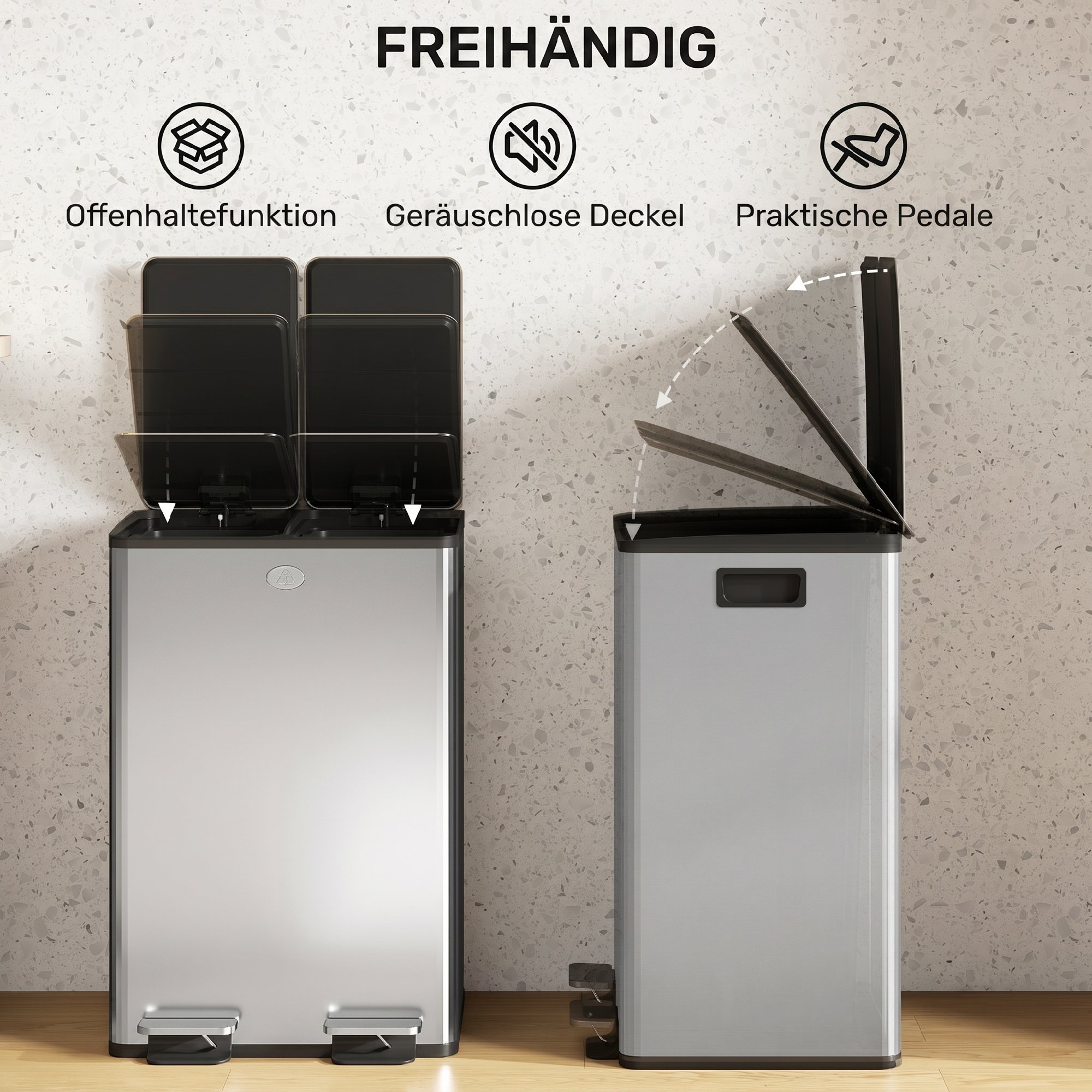 2 x 28 L Doppelmülleimer, Pedalöffnung, leicht zu reinigen, Edelstahl, Kunststoff, Silber