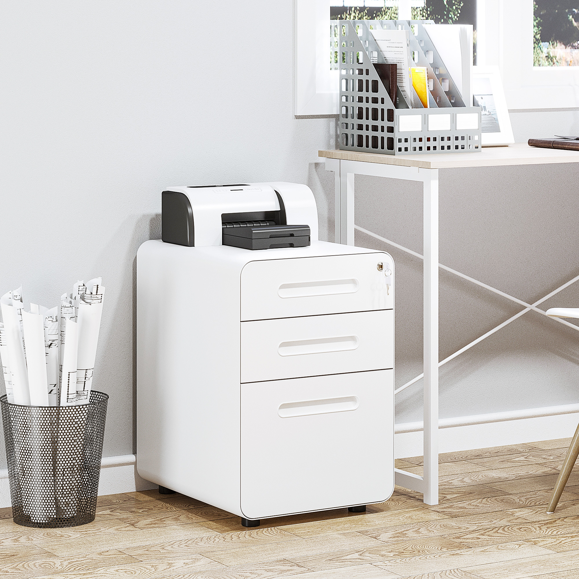 Rollcontainer mit 3 Schubladen mobiler Aktenschrank mit Rollen abschließbar Büroschrank mit Hängeregistratur Stiftfach, Bürocontainer Schreibtisch Unterschrank für Büro 39x48x59cm Weiß