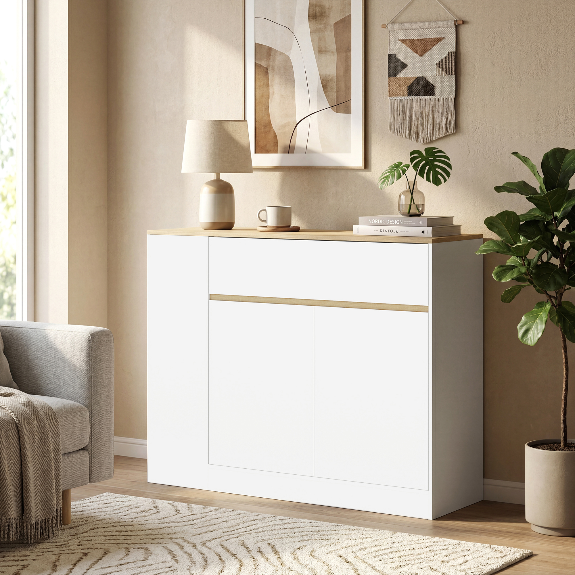 Sideboard, großes Schrankfach, 3 Ablagefächer, Schublade, 106 x 30 x 81,2cm, Weiß/Holz