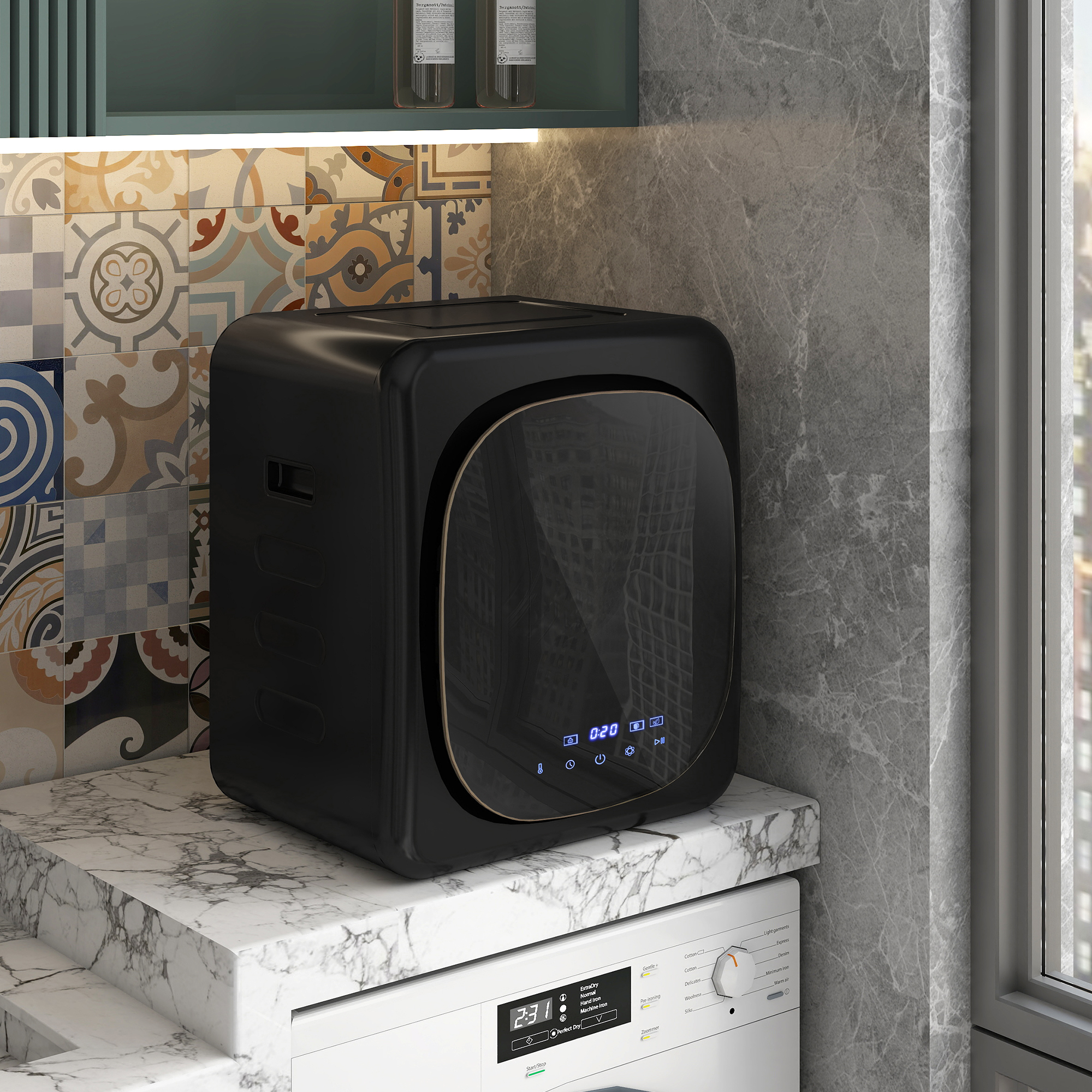 Wäschetrockner mit UV-Desinfektion, kompakte Bauweise, 4 kg Kapazität, Edelstahl, Schwarz