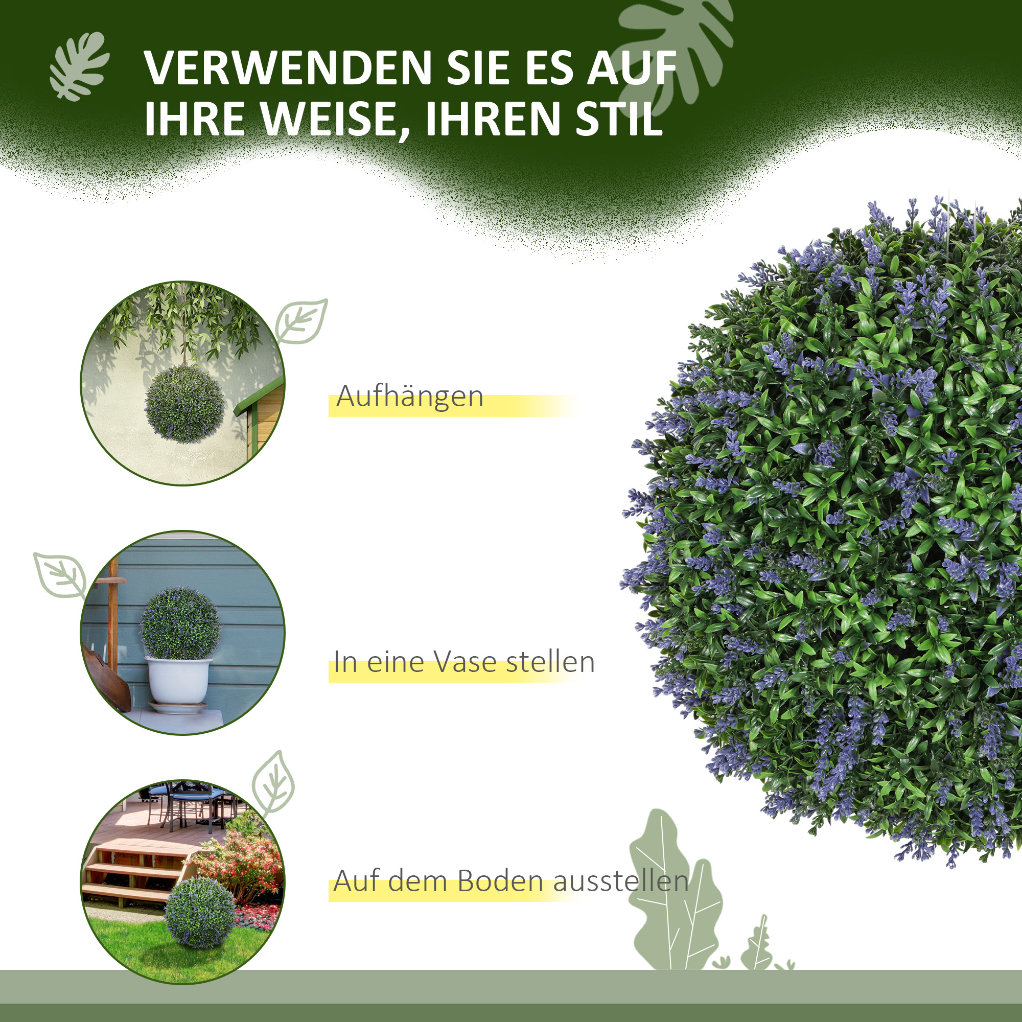 2er-Set künstliche Pflanzen in Kugelform, UV-beständig, Kunstpflanzen für Indoor- und Outdoor-Bereich, 42 cm, Grün+Lila