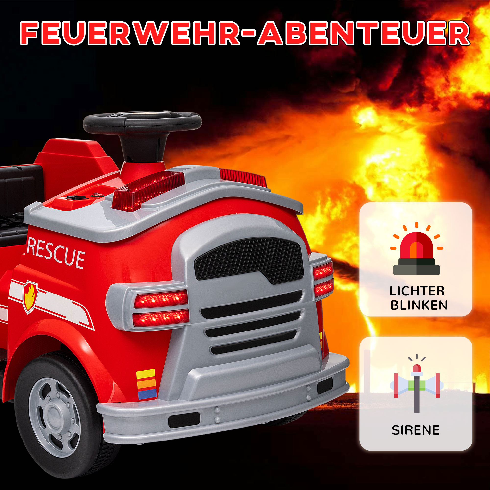 Feuerwehrauto, Elektro-Kinderauto, max. 3 km/h, Sirene, Blaulicht, Werkzeuge, für Kinder 3-5 Jahre