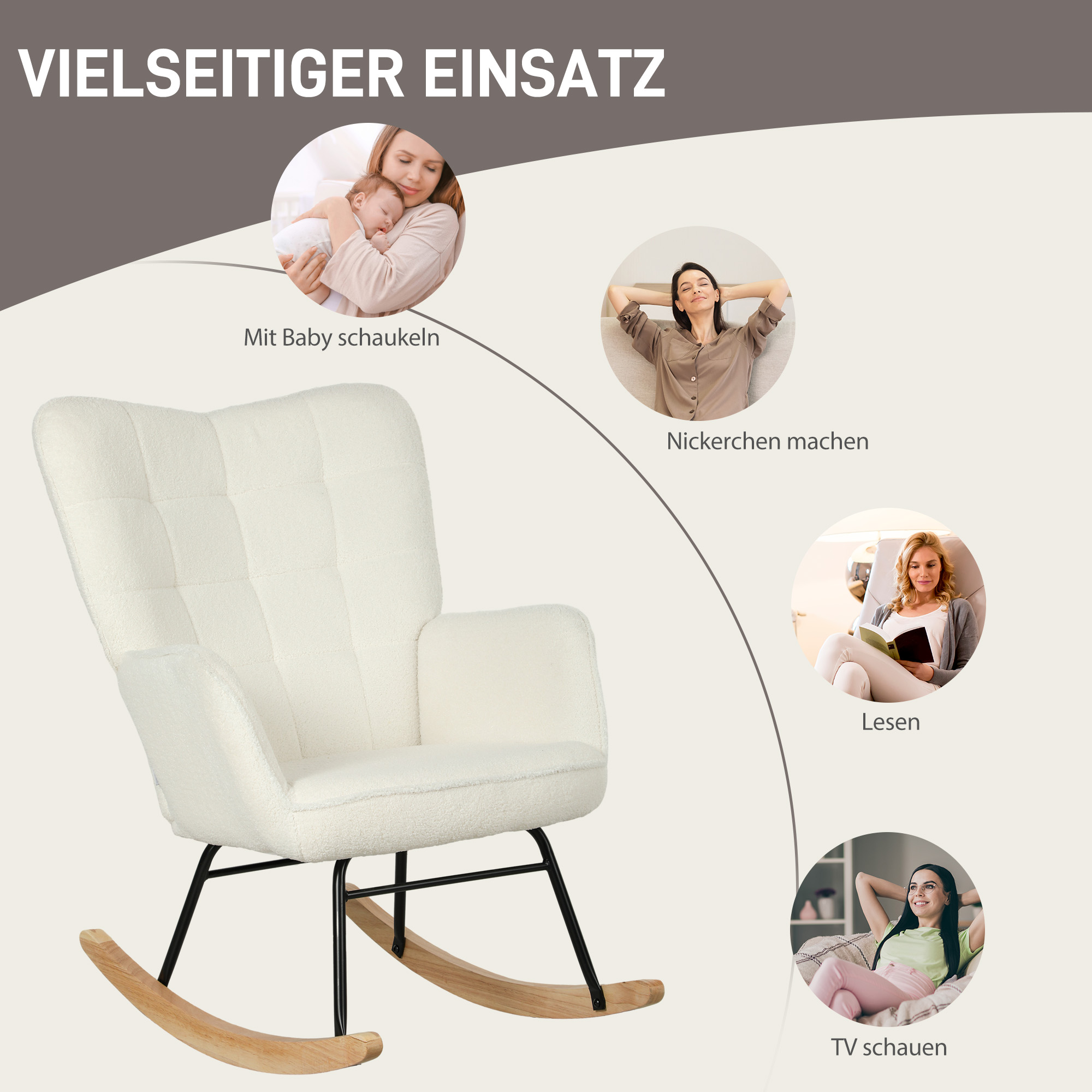 Schaukelstuhl in Vliesoptik mit Armlehnen, Ergonomischer Sessel mit Holzkufen, für Wohnzimmer, Schlafzimmer, Weiß