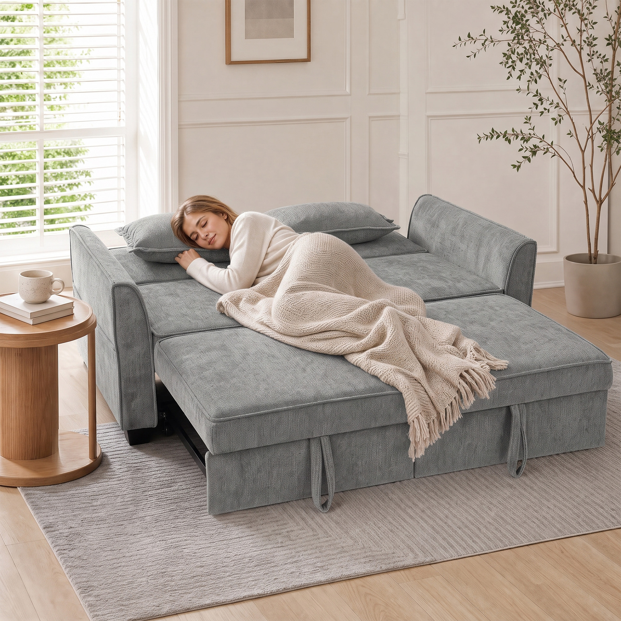 2-Sitzer-Schlafsofa, 4-in-1 L-förmiges Ausziehsofa mit verstellbarer Rückenlehne und Seitentaschen, Grau