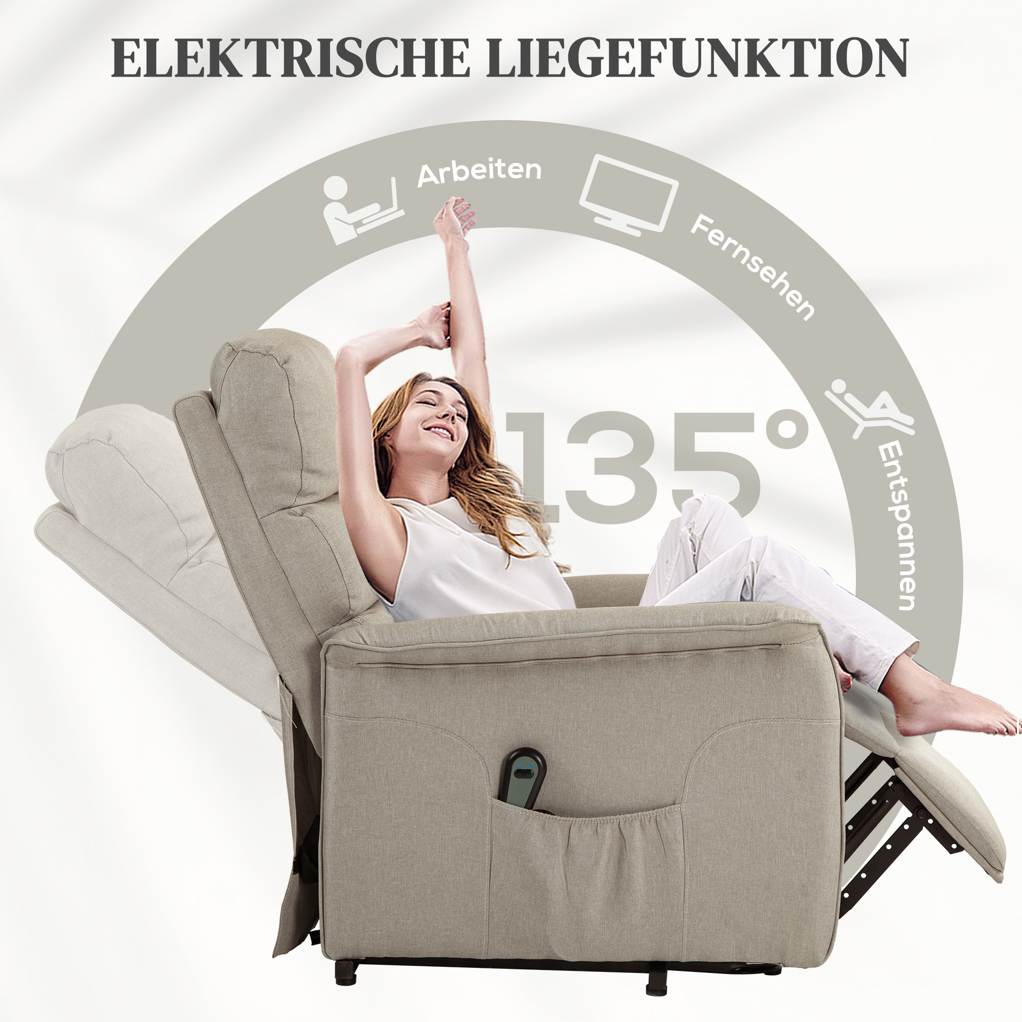 Relaxsessel mit Aufstehhilfe, verstellbare Rückenlehne/Fußstütze, bis 120 kg, 66 x 90 x 96 cm, Beige