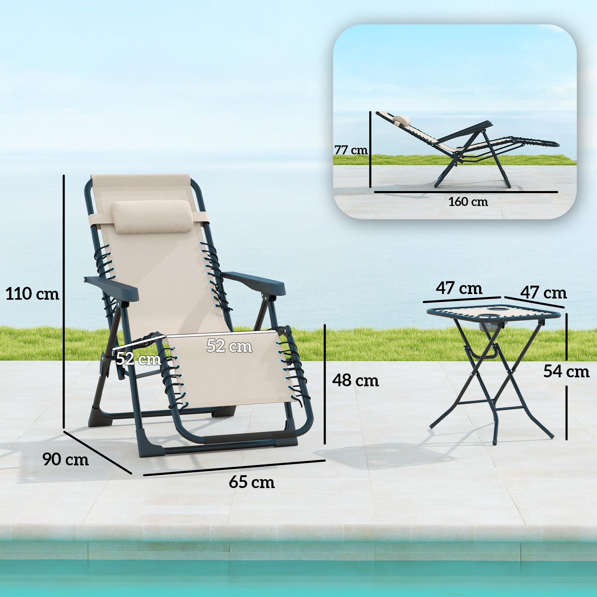 Gartenliege Set 3-TLG. Sonnenliege mit Teetisch 2 Liegestühle Kissen, Outdoor Liege 90x56x110 cm Beige