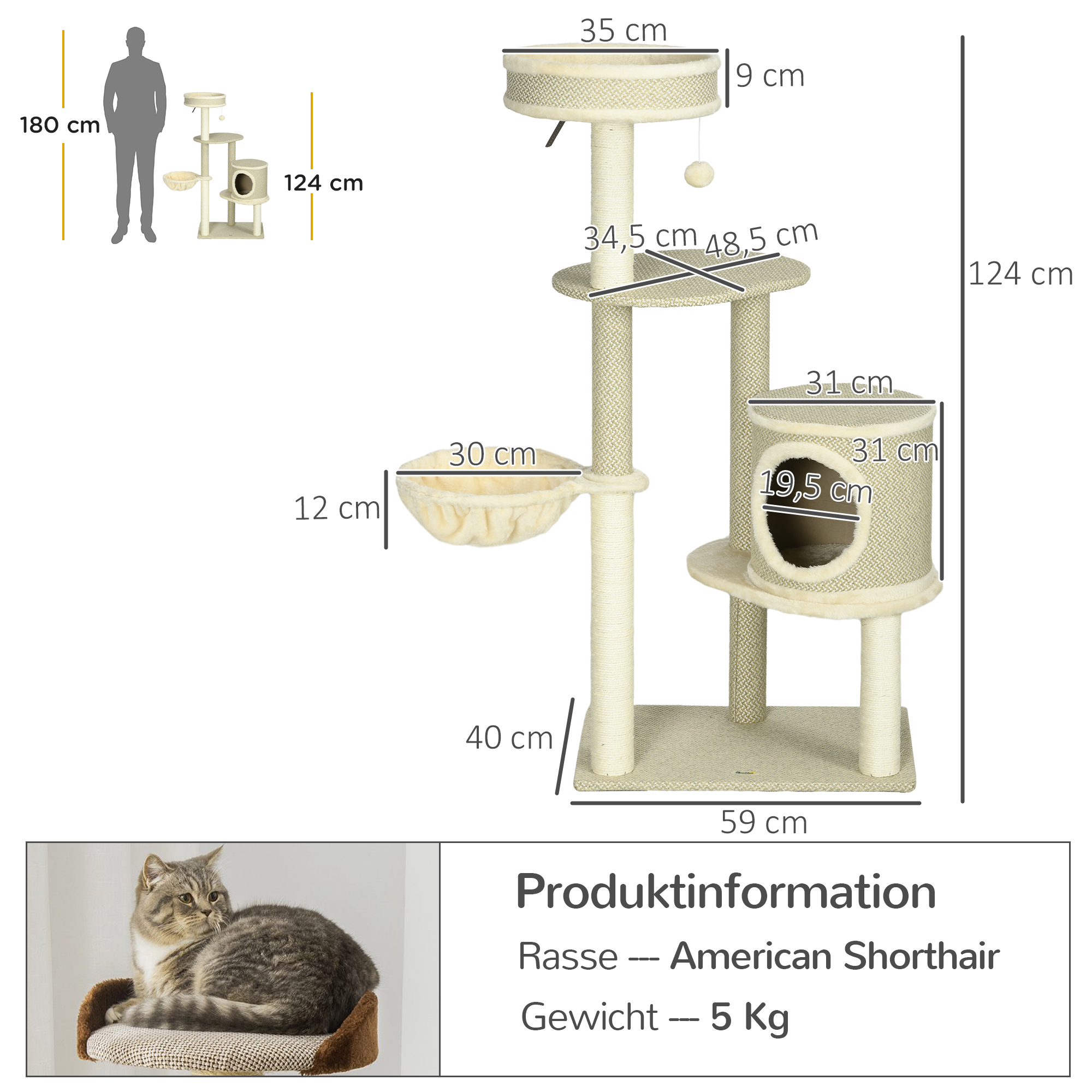 Kratzbaum Katzenbaum, 1 Katzenbett, 1 Katzenhöhle, 2 Liegeflächen, 124 cm x 59 cm x 40cm +Beige