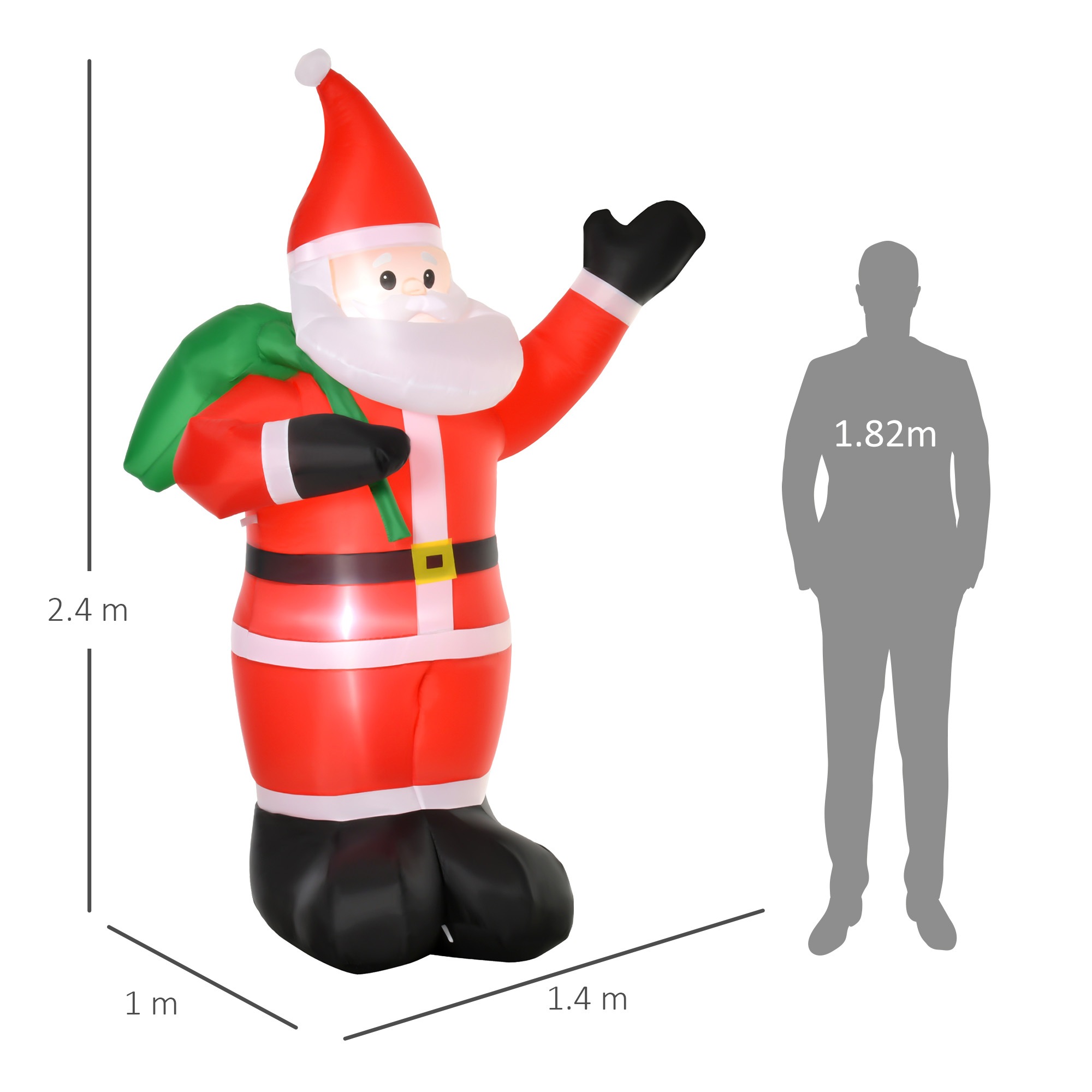 Weihnachtsmann, 2,40 m groß, mit LED-Beleuchtung, selbstaufblasende Gartendeko