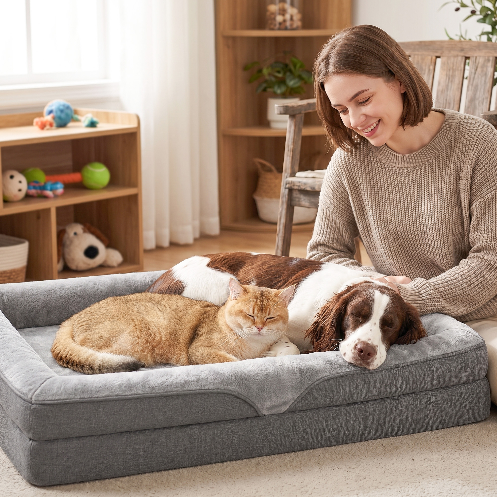 Hundebett mit Erhöhte Ränder rutschfester Unterseite Leinenoptik Waschbar Hundekissen spritzwasserabweisend 91x68x16cm