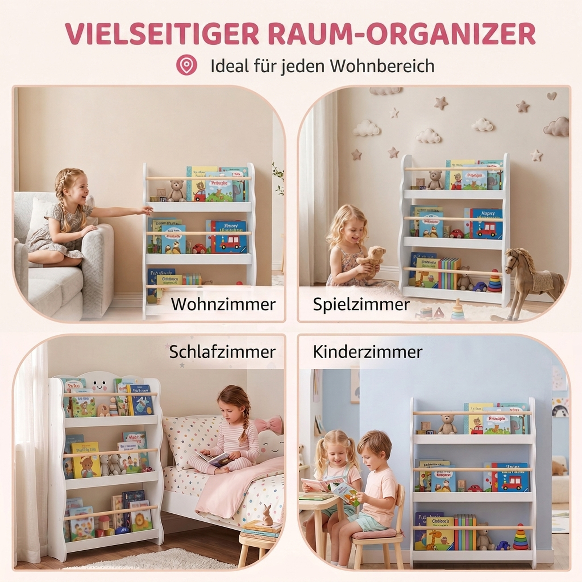 Bücherregal Kinder, Wandmontiert Kinderregal mit 3 Ebenen, Wandregal mit Kippschtz 60 x 15 x 73 cm Weiß