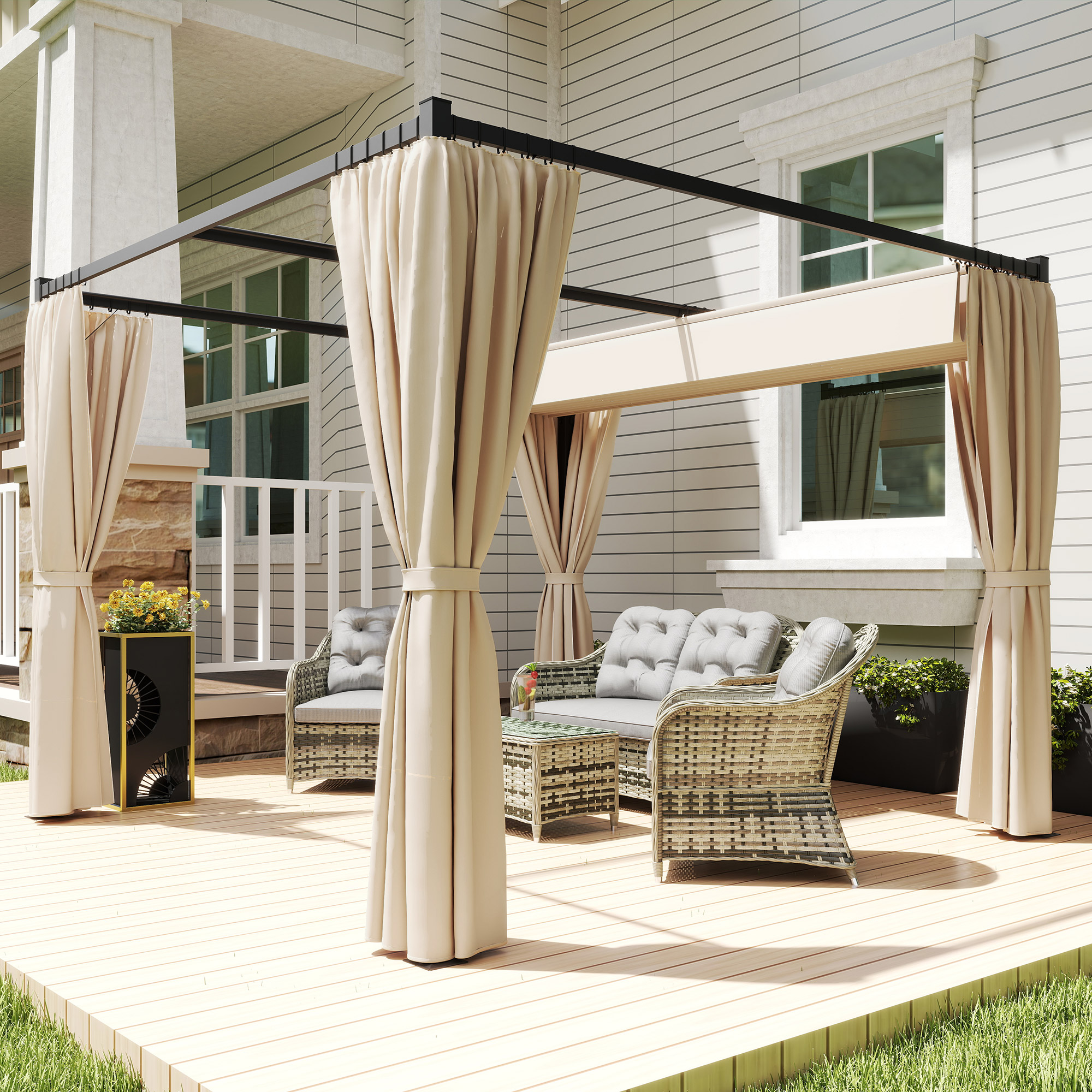 Pergola 3 x 3 m Freistehend Terrassenüberdachung mit Schiebedach, 4 Seitenwände UV-beständig Beige