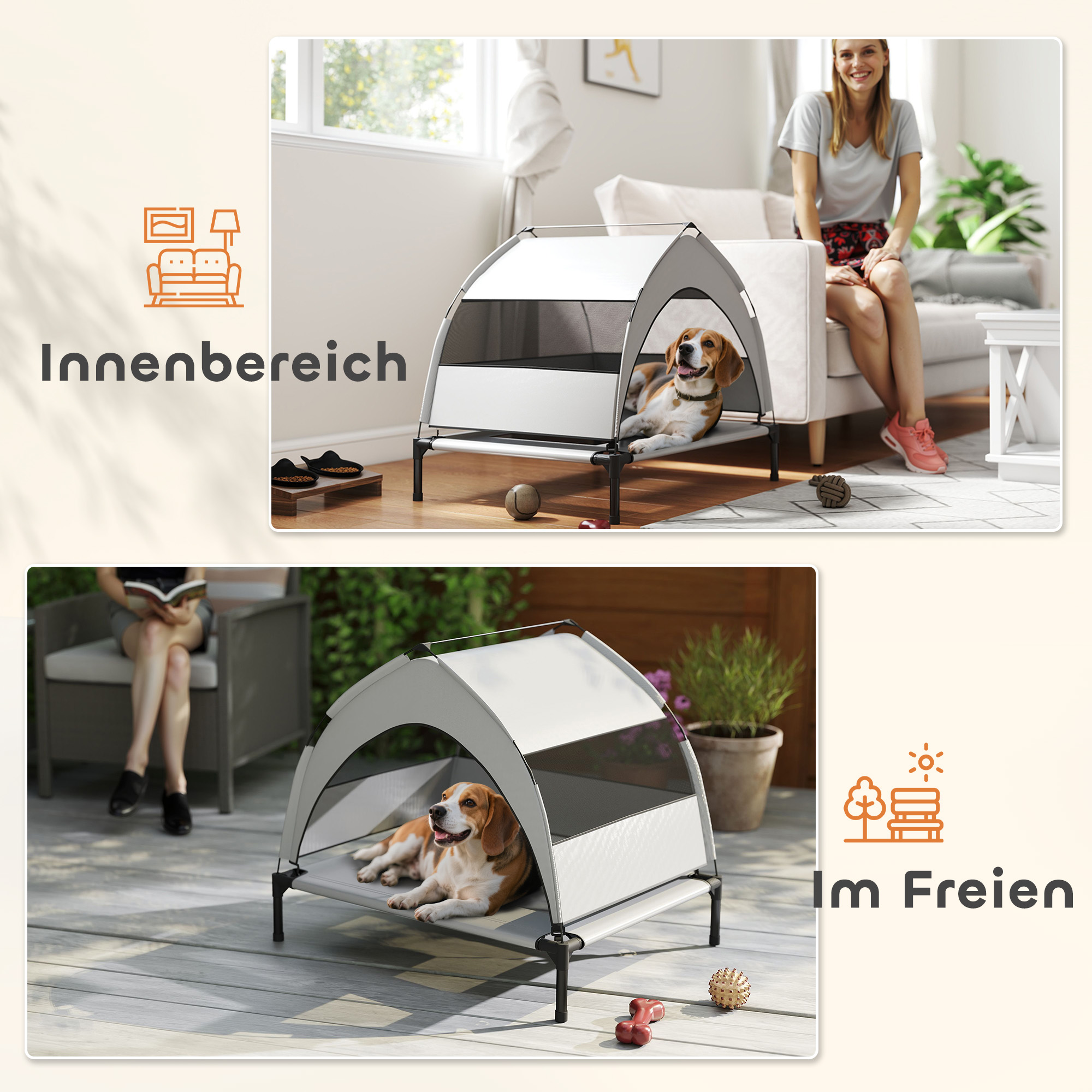 Hundeliege Outdoor mit Dach, erhöhtes Hundebett für mittelgroße Hunde, mit Stahlrahmen, 76x61x70cm, Hellgrau