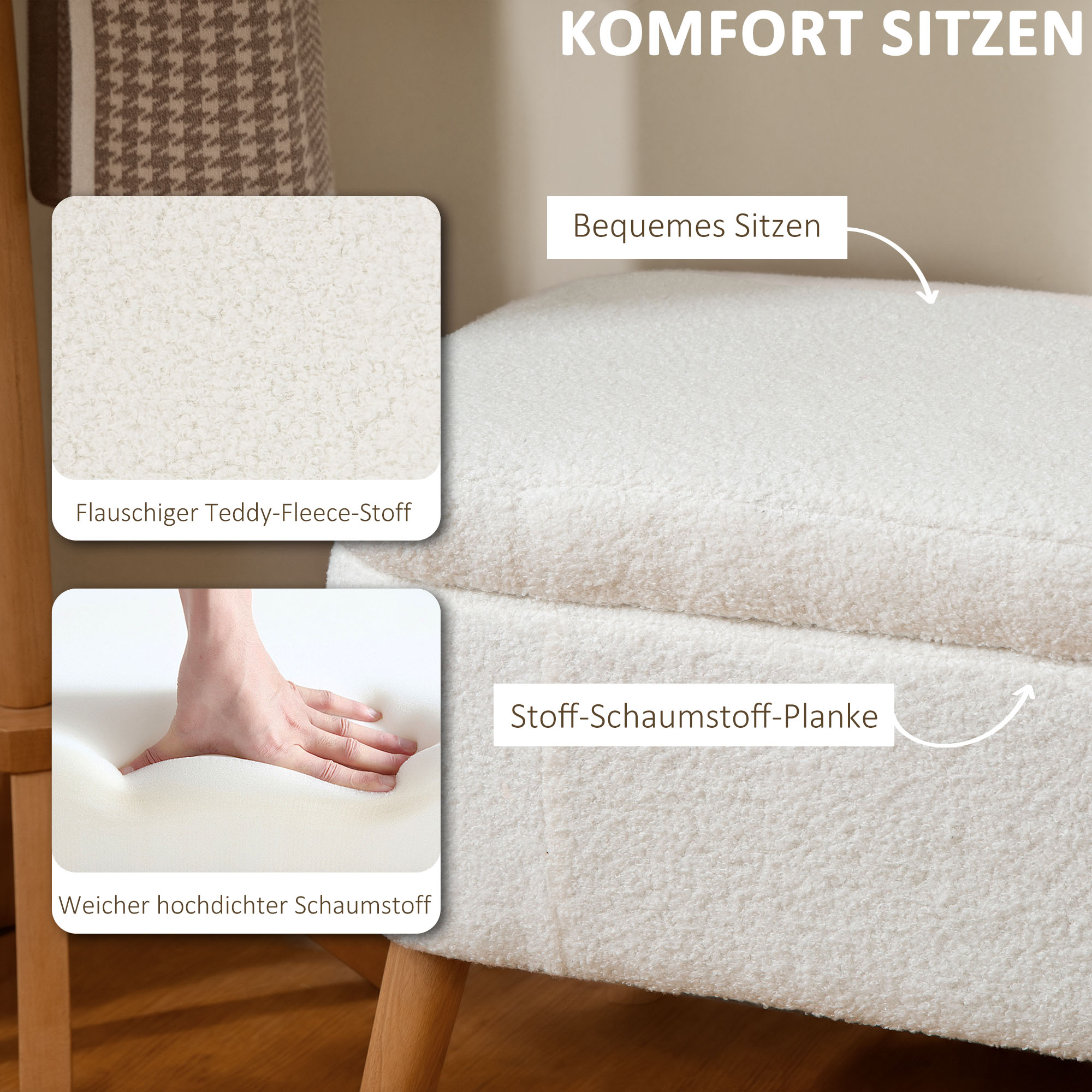 Aufbewahrungsbank, Sitzbank mit 65 L Stauraum, Teddy-Fleece-Stoff, Kautschukholz, 120 x 42 x 45 cm, Cremeweiß