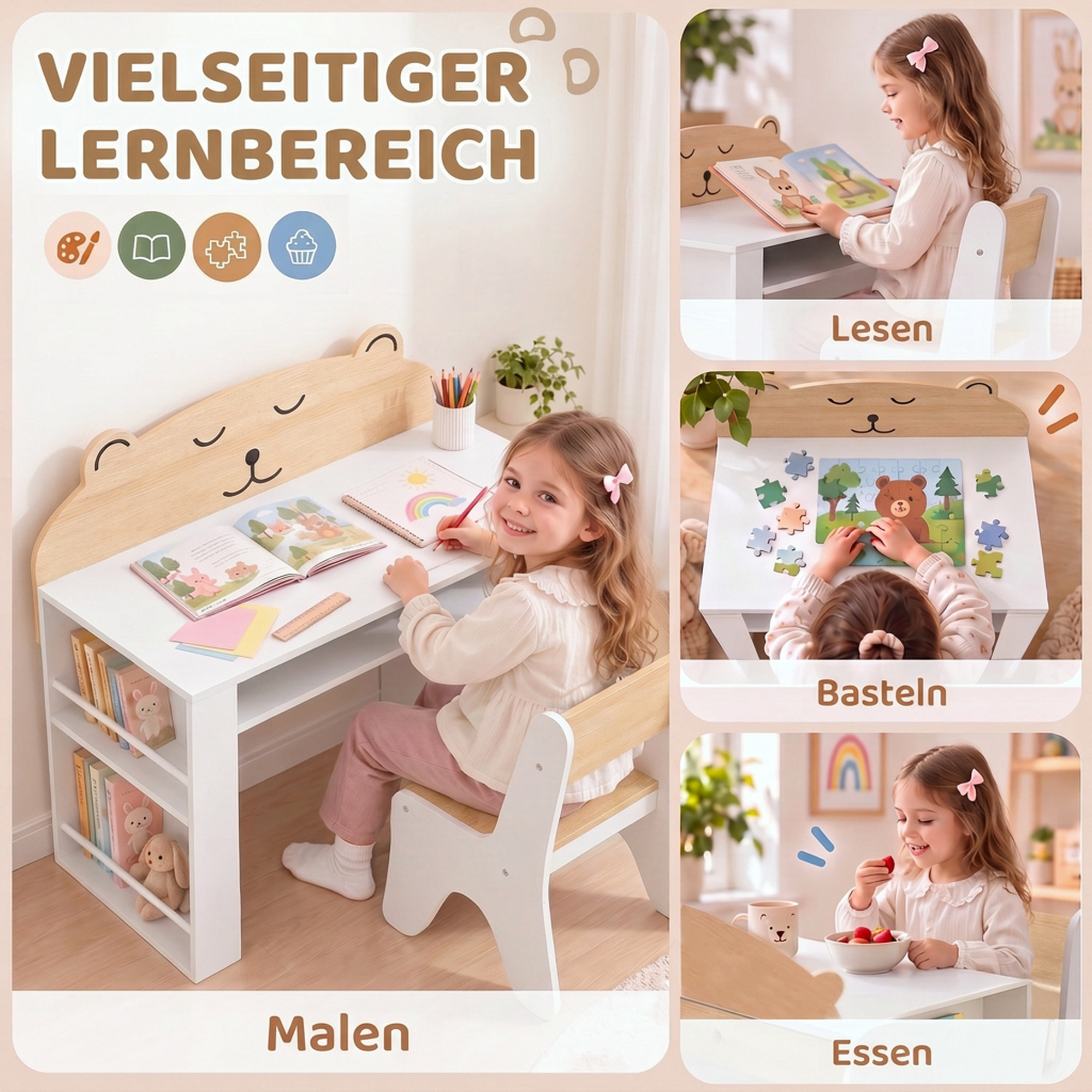 Kindertisch mit Stuhl 2 teilige Kindersitzgruppe mit Bücherregal Ablagefach Bären-Design für Kinder 3-8 Weiß