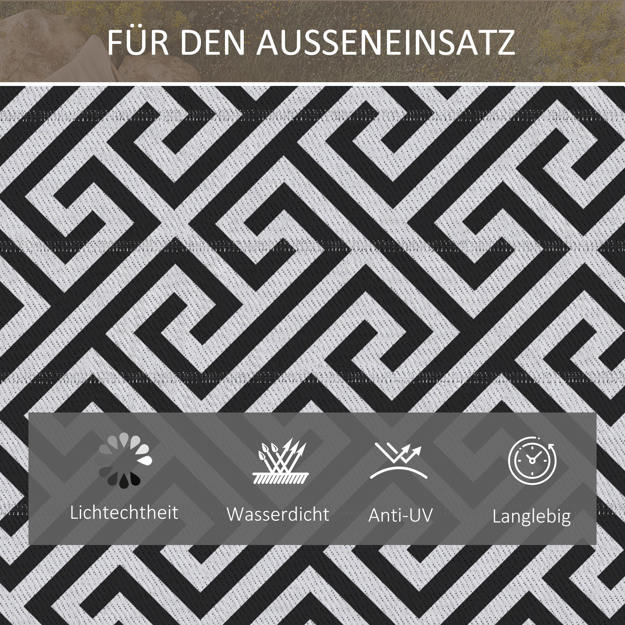 Outdoor-Teppich, beidseitig nutzbar, strapazierfähig, Rand gegen Ausfransen, schwarz+weiß, 121 x 182 cm