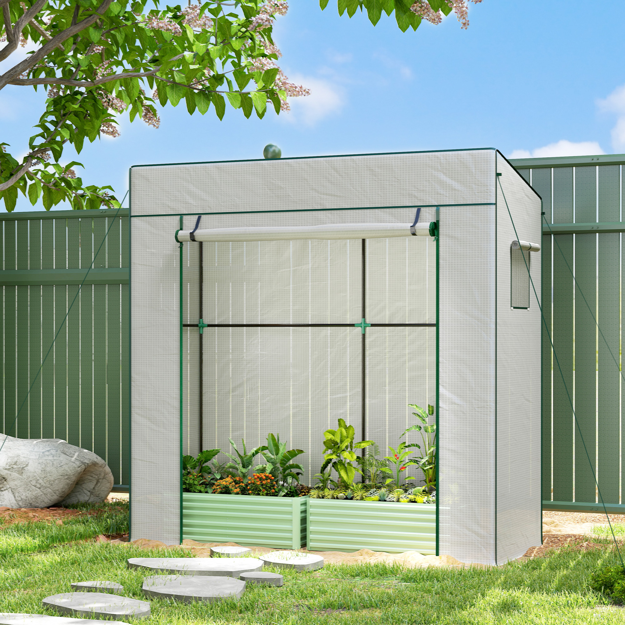 Tomatengewächshaus Foliengewächshaus mit Rolltor Mesh-Fenster Schrägdach 196 x 77 x 197 cm Weiß