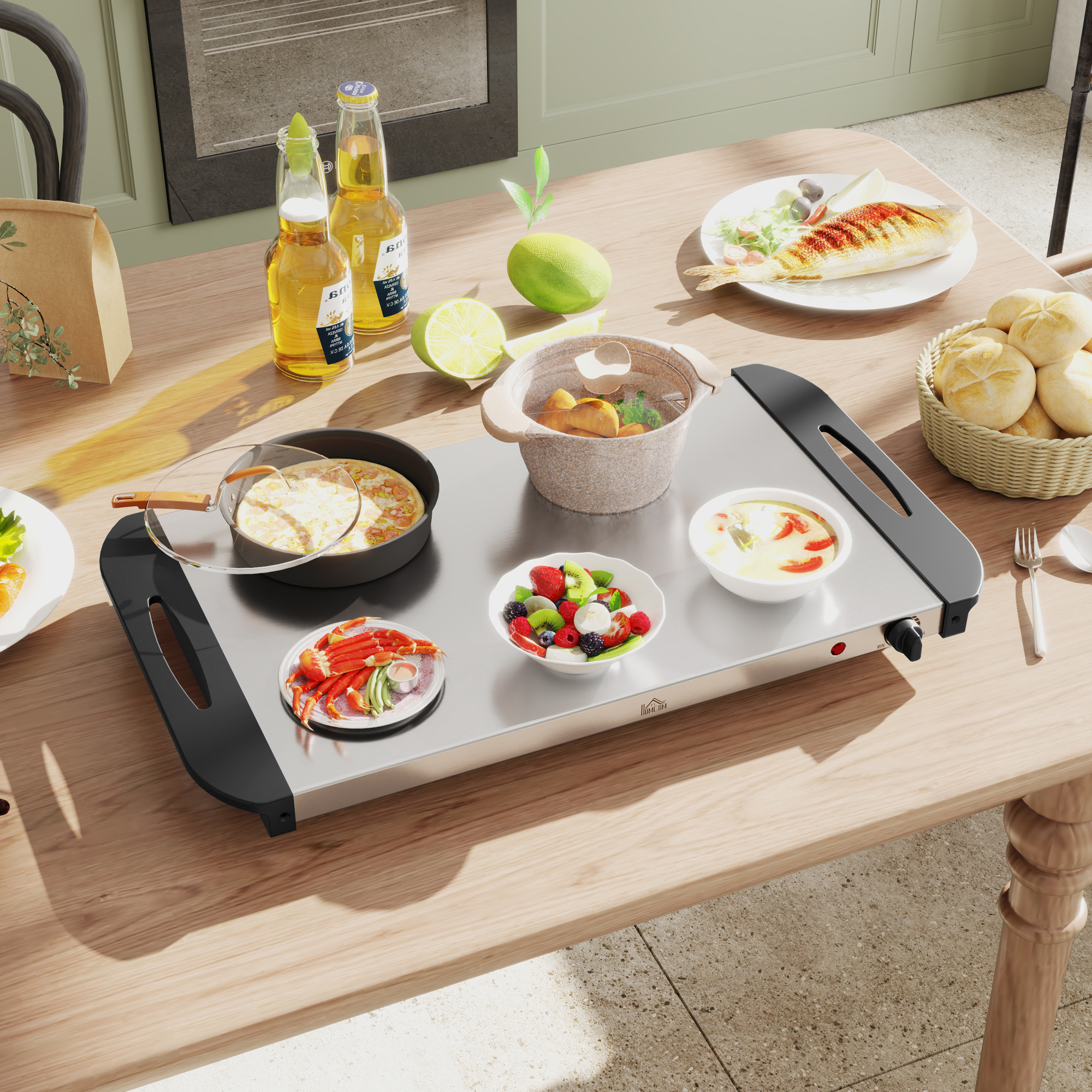 2-in-1 Buffetwärmer 6,8L Warmhalteplatte 300 Watt Edelstahl Speisewärmer Silber