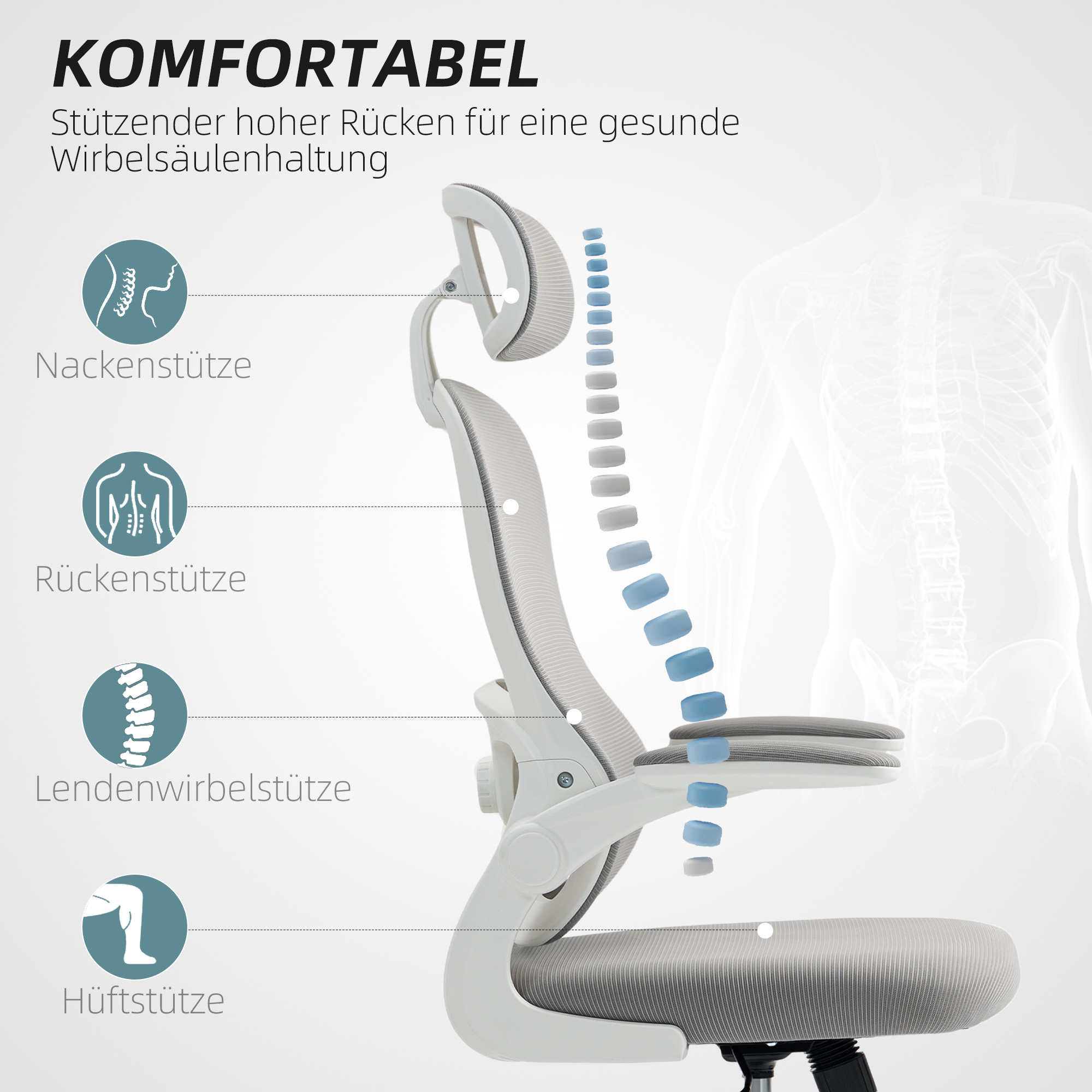Ergonomischer Bürostuhl mit Netzstoff-Rückenlehne, höhenverstellbar, klappbare Armlehnen, 5 Rollen, Wippfunktion, Grau